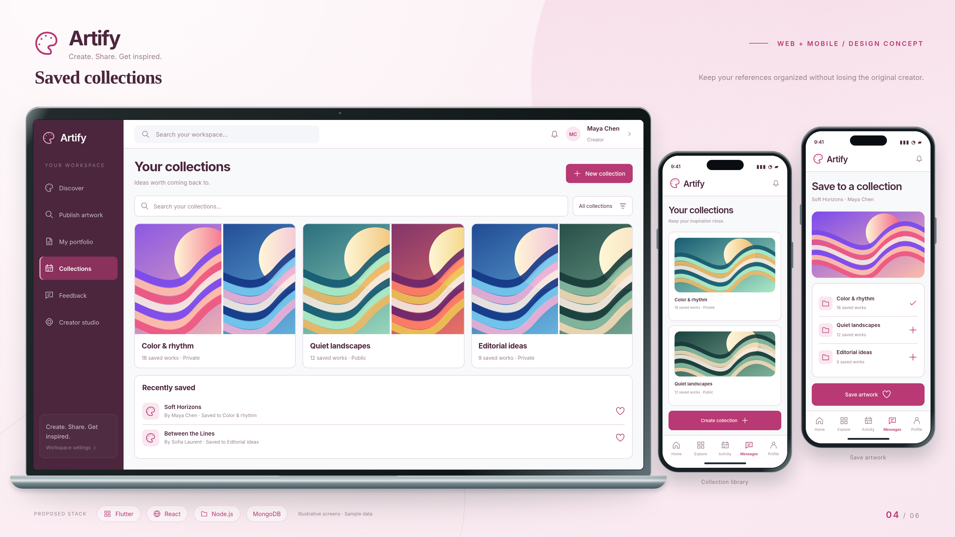 Artify production layout: saved collections on a laptop, with collection library and save artwork on two phones.