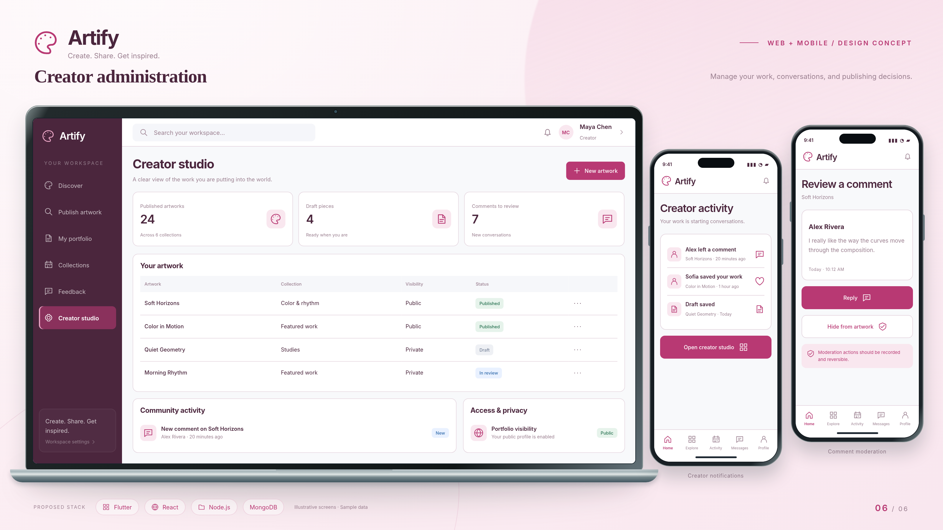 Artify production layout: creator administration on a laptop, with creator notifications and comment moderation on two phones.