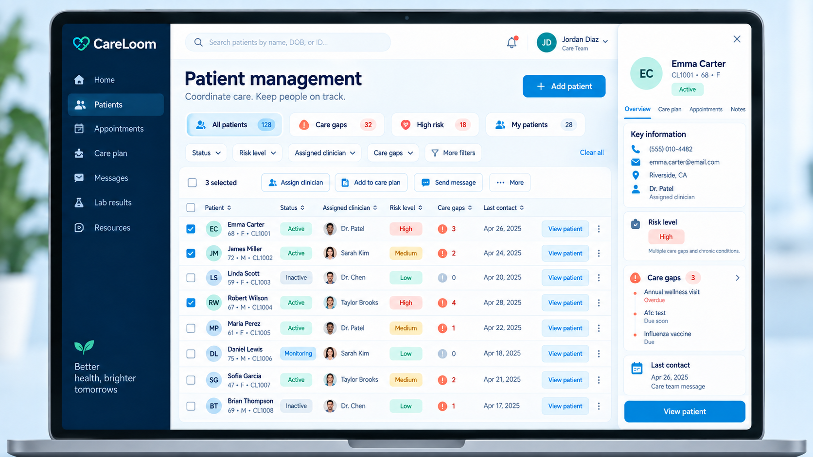 CareLoom client project: patient management shown on a laptop.