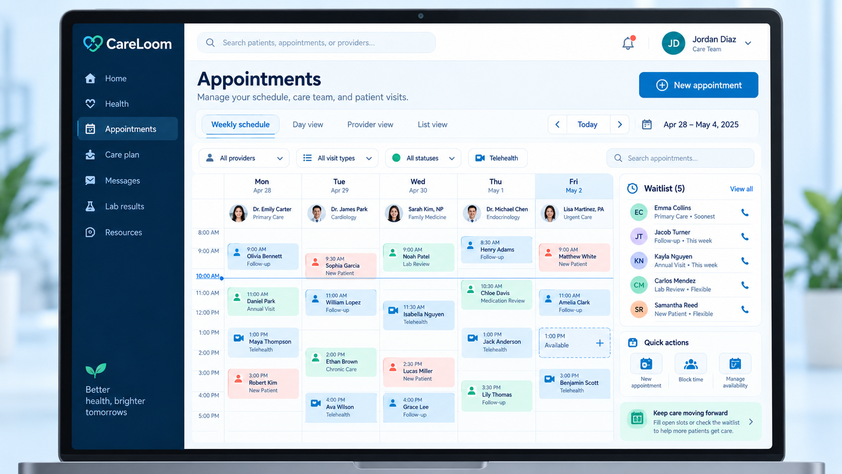 CareLoom client project: appointment scheduling shown on a laptop.