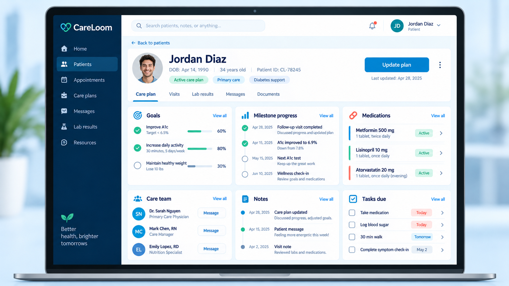 CareLoom client project: patient care plan shown on a laptop.