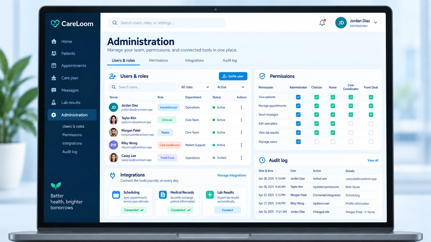 CareLoom client project: administration shown on a laptop.
