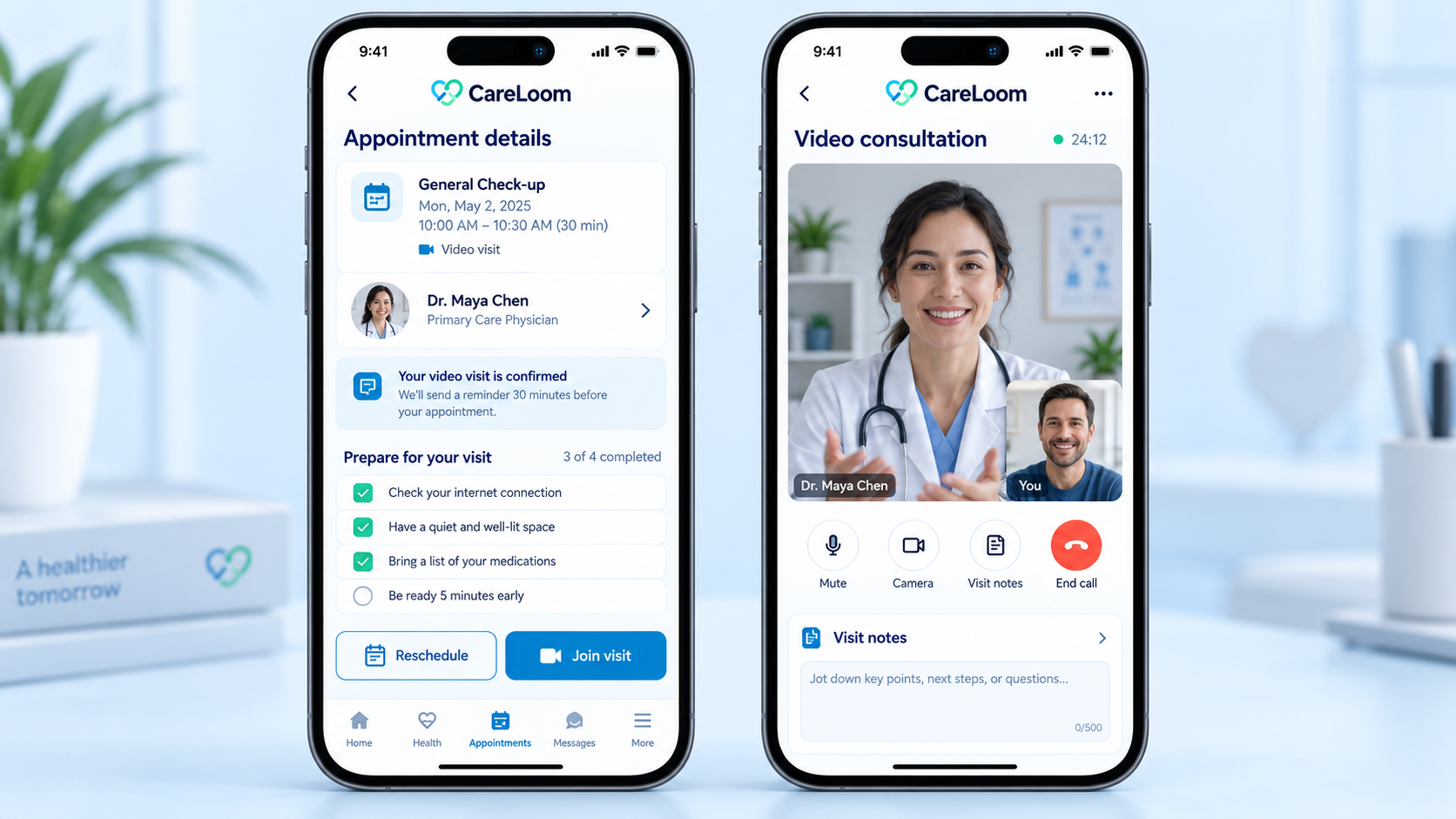 CareLoom client project: appointments and video consultation shown on two mobile phones.