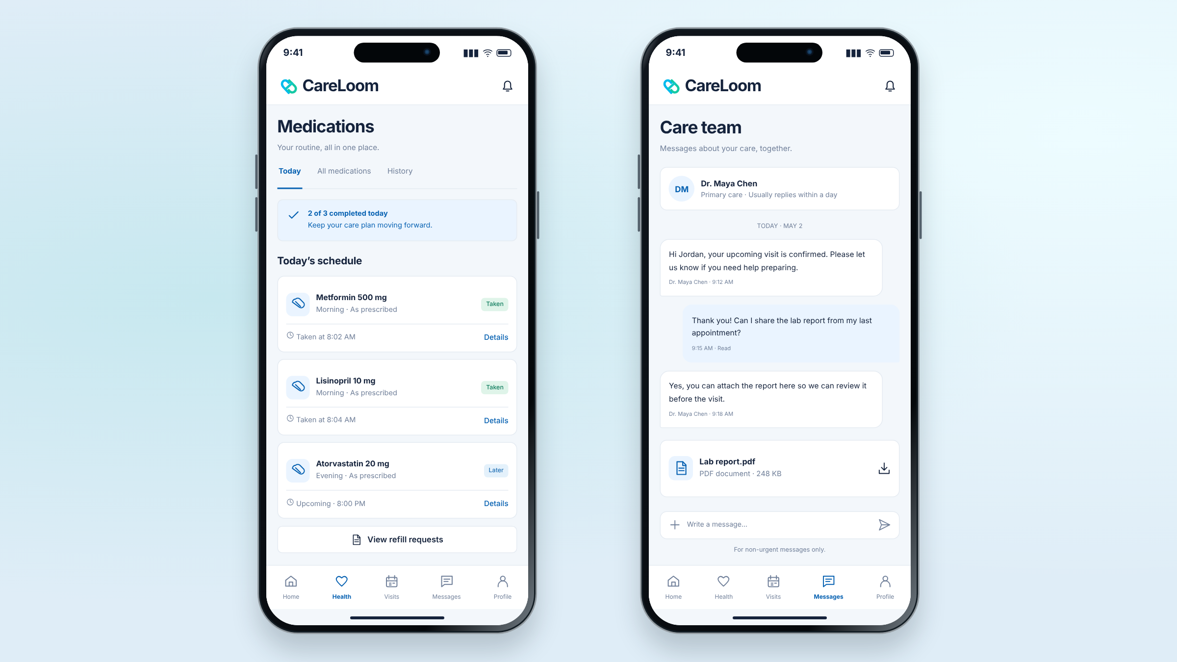 CareLoom client project: medications and care-team messaging shown on two mobile phones.