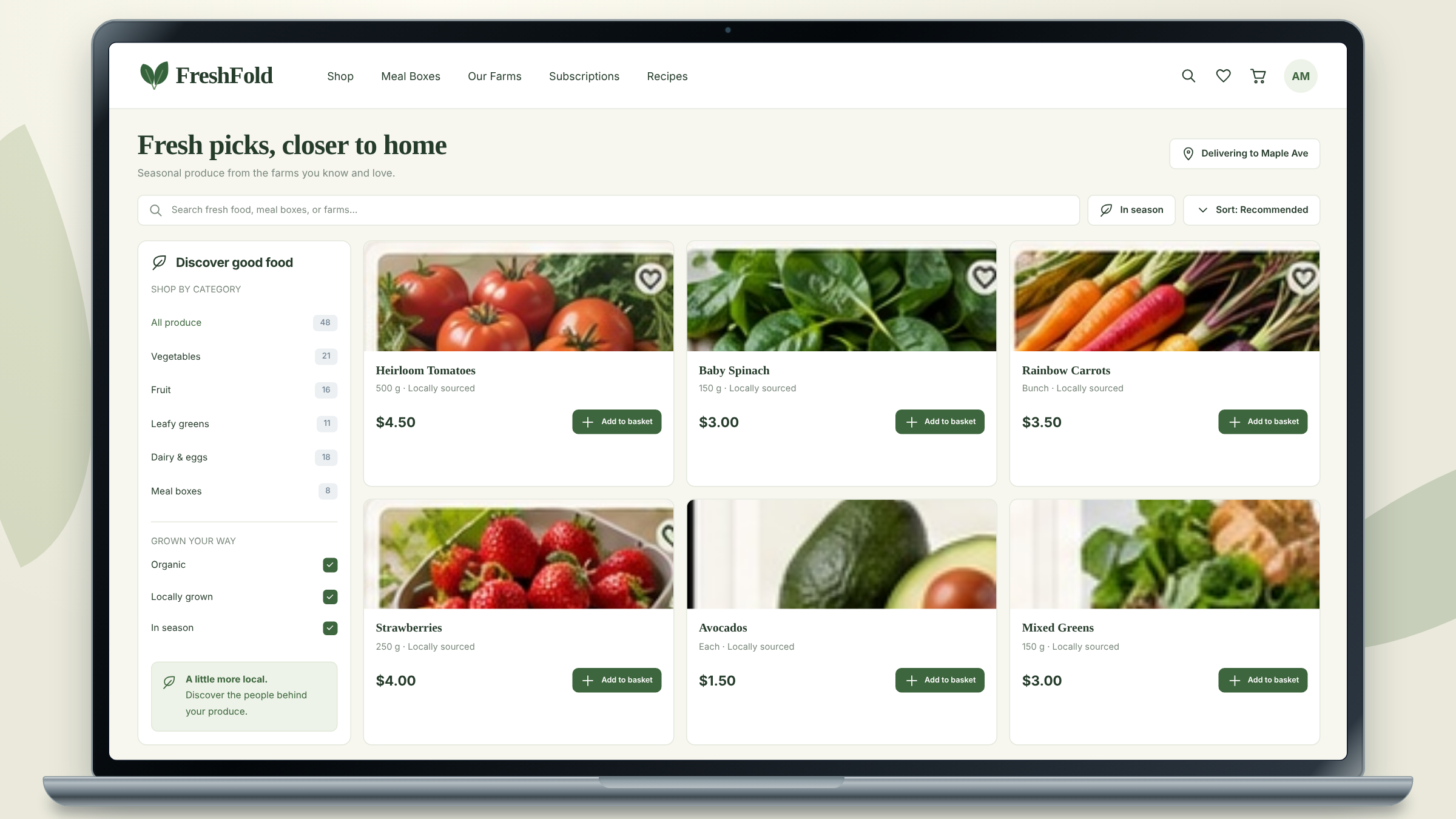 FreshFold client project: seasonal produce catalog and filters shown on a laptop.