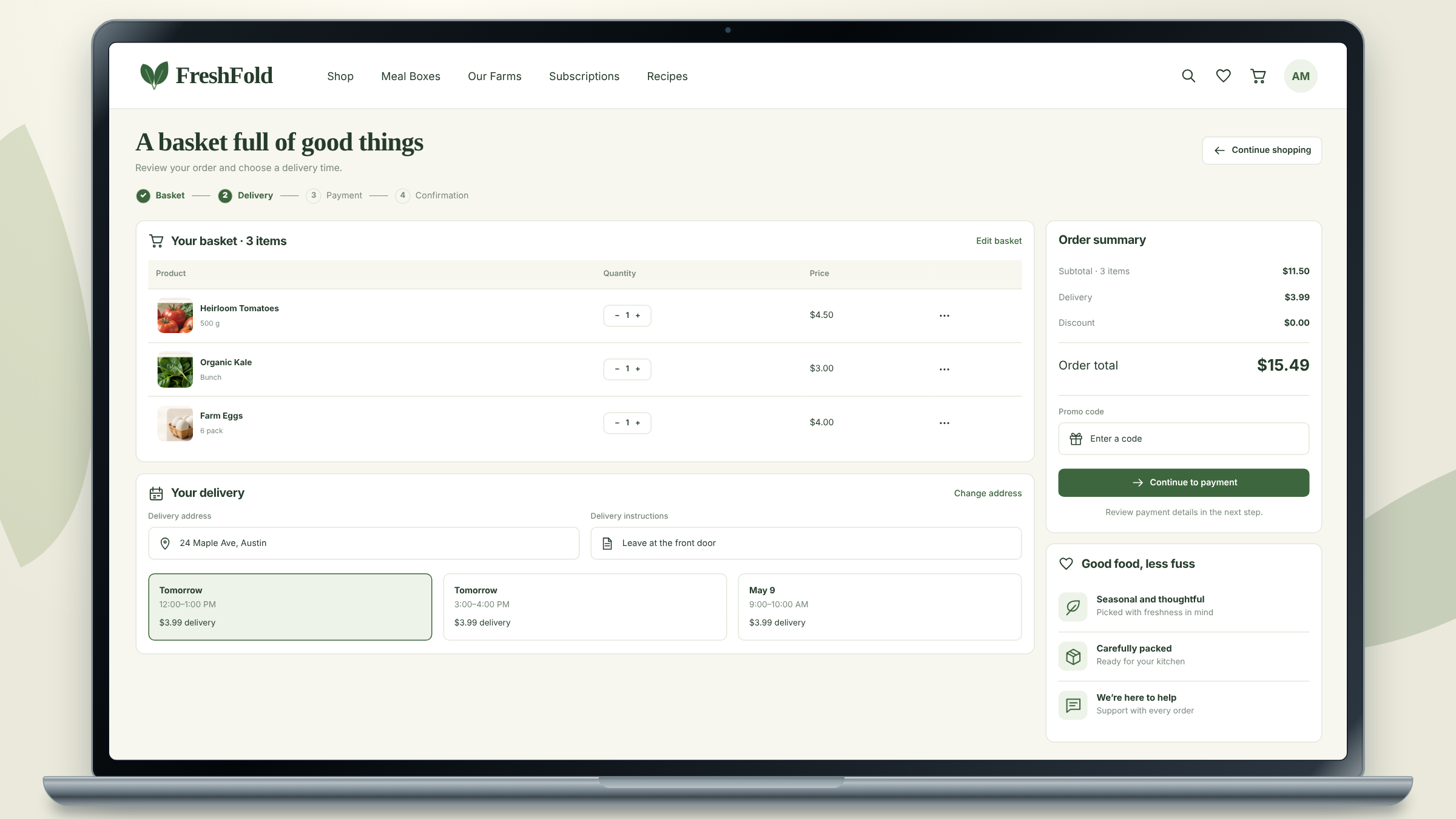 FreshFold client project: shopping basket and delivery checkout shown on a laptop.