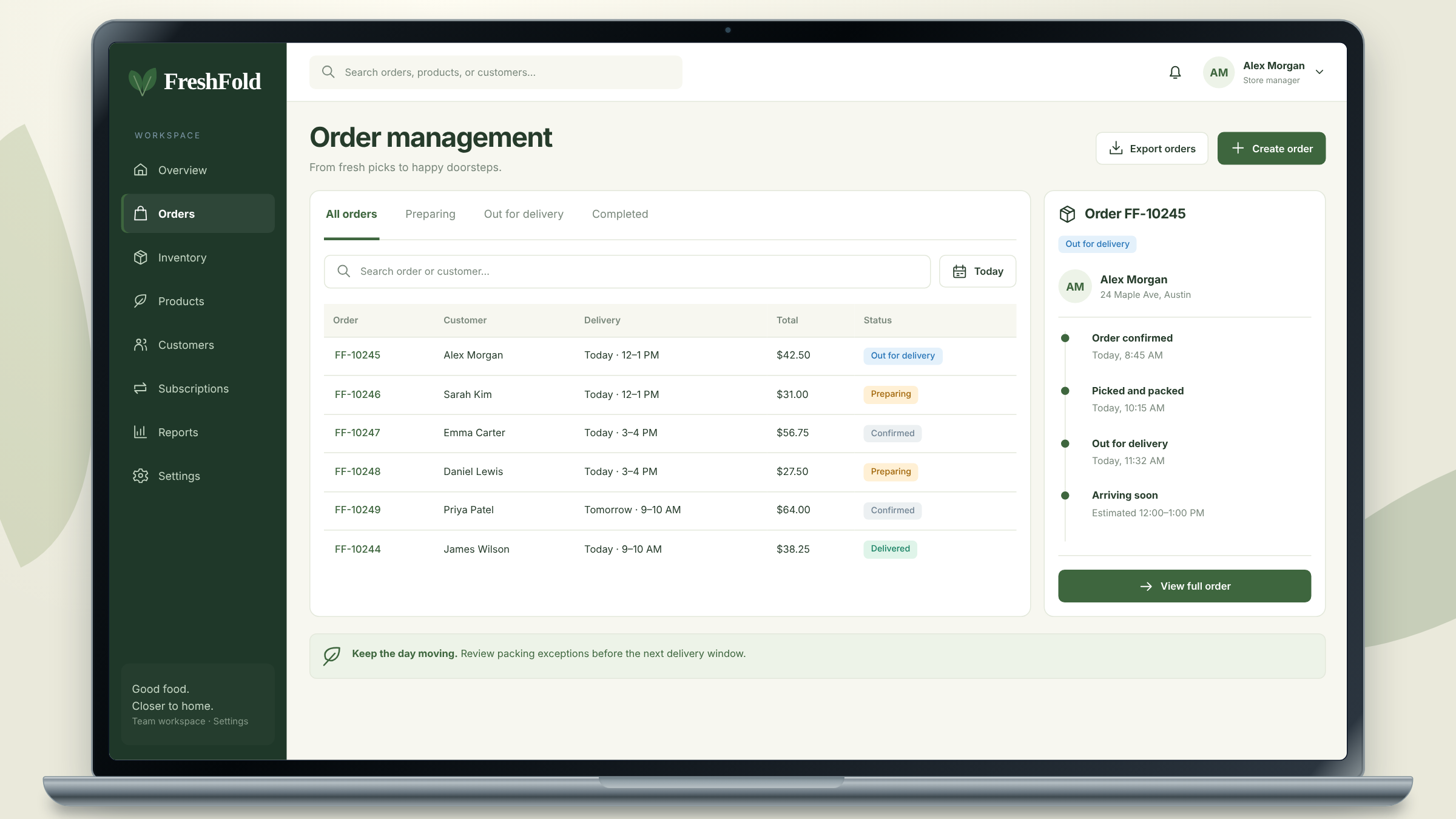 FreshFold client project: order fulfillment and delivery management shown on a laptop.