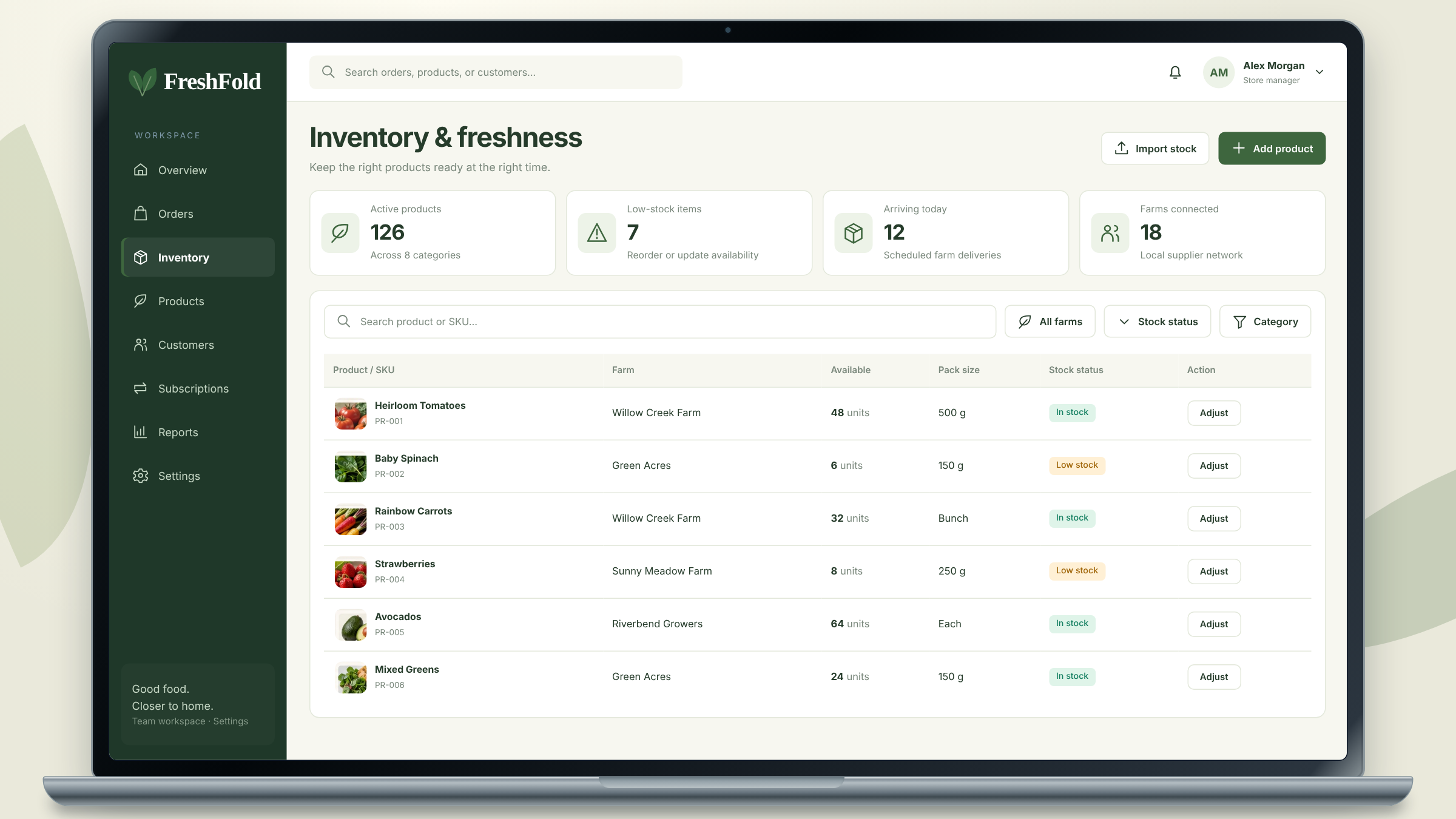 FreshFold client project: inventory and farm-stock management shown on a laptop.