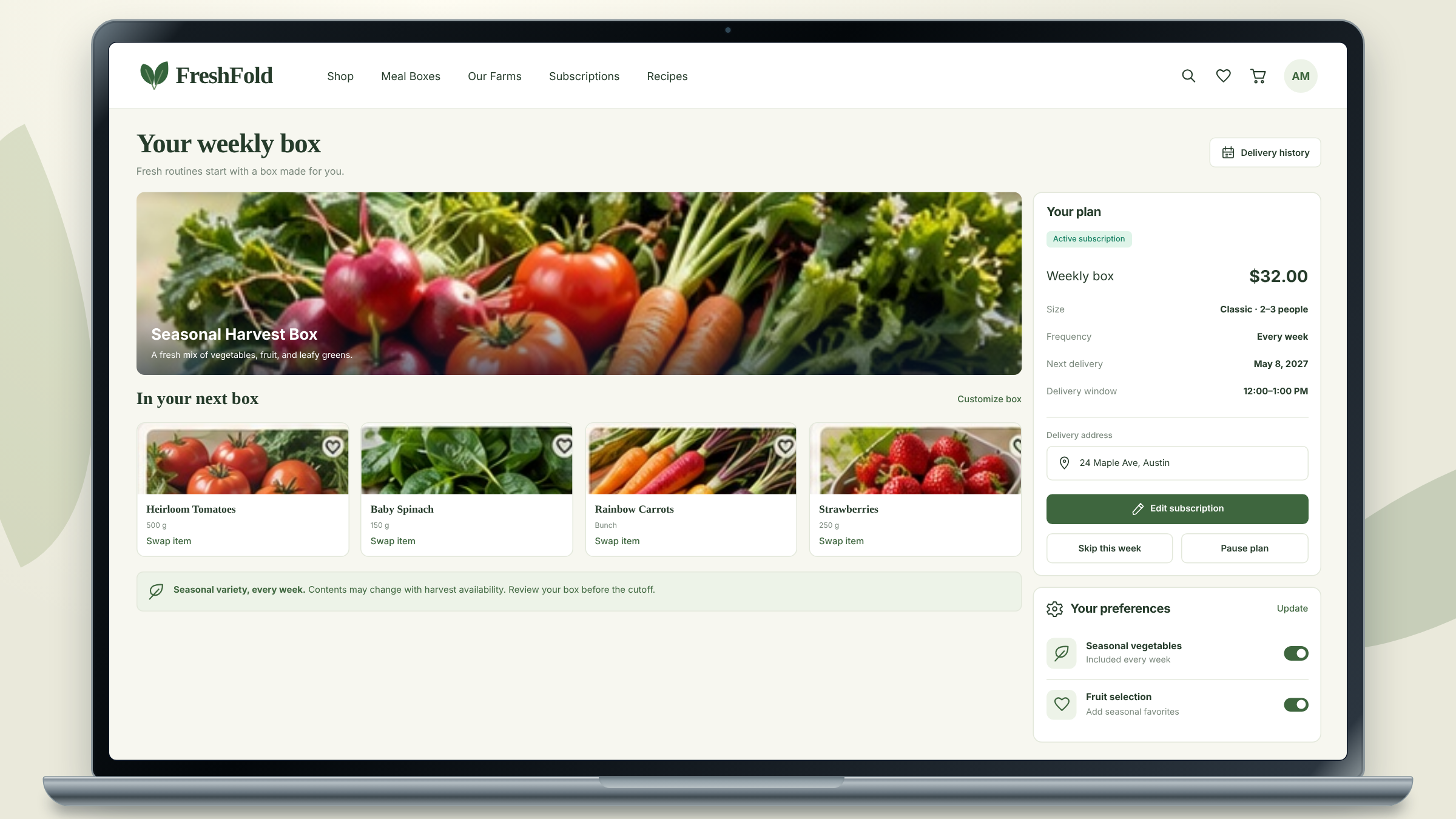 FreshFold client project: weekly-box subscription management shown on a laptop.