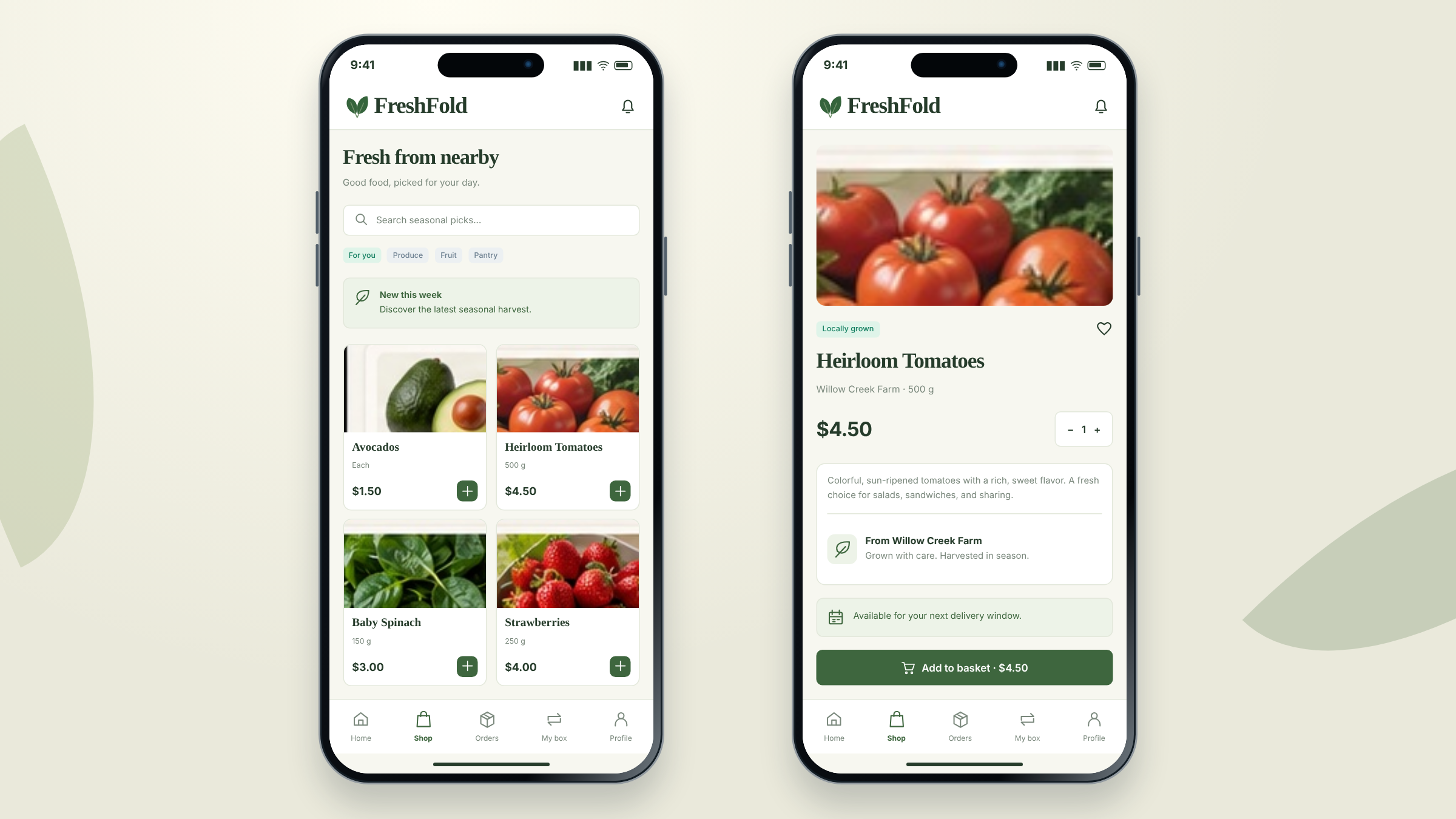 FreshFold client project: mobile grocery shopping and product detail shown on two mobile phones.