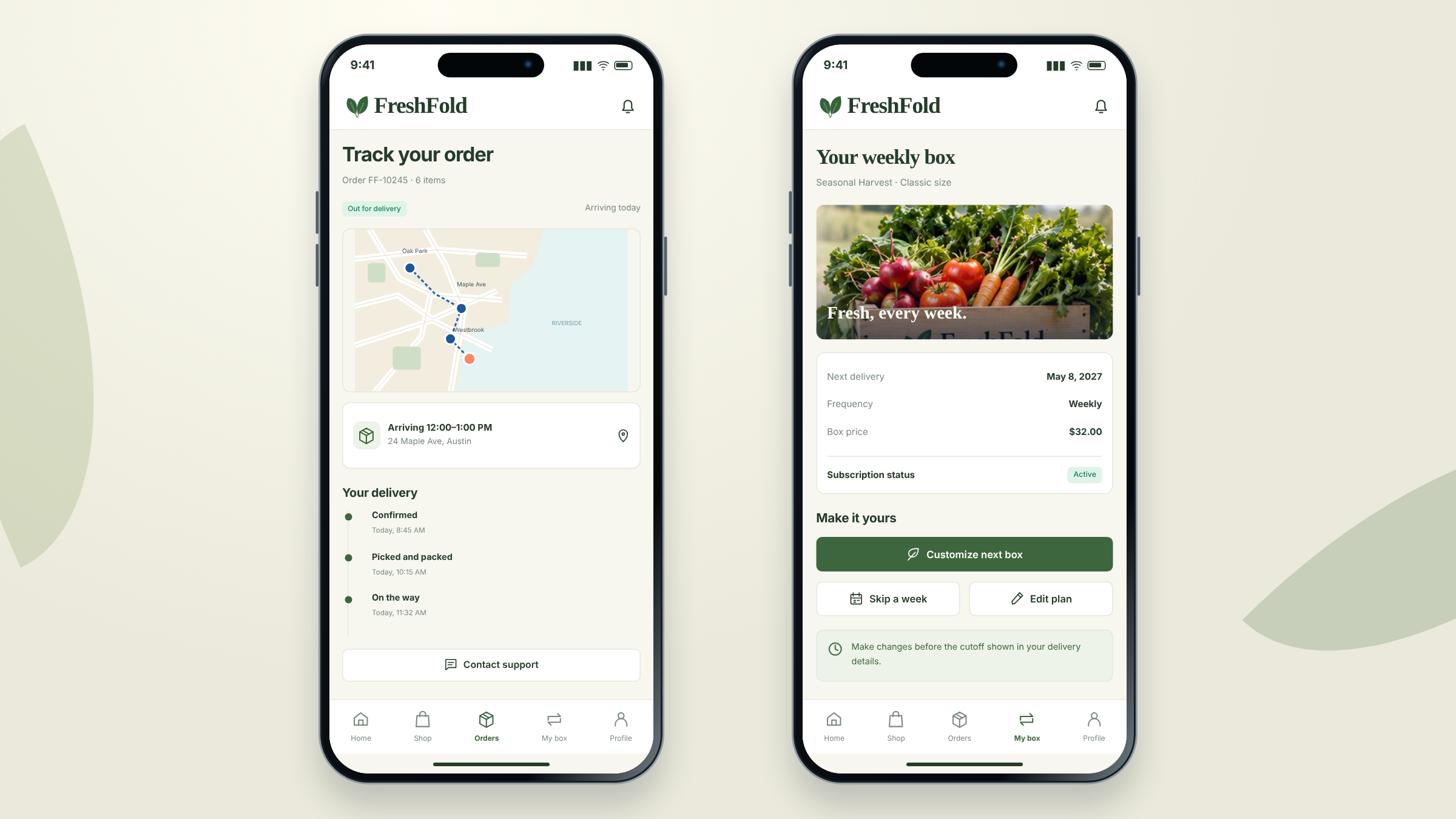FreshFold client project: order tracking and weekly-box management shown on two mobile phones.