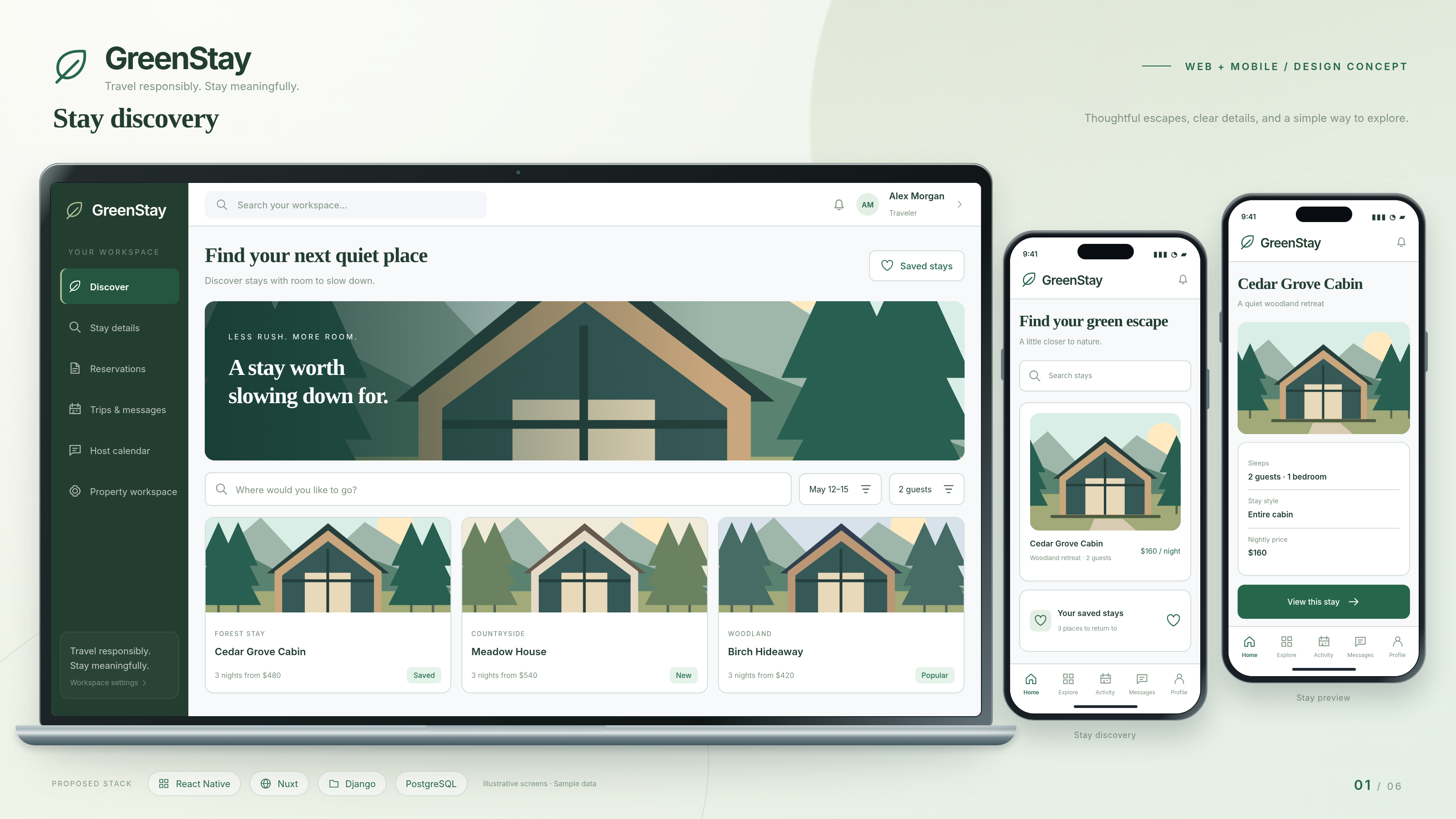 GreenStay production layout: stay discovery on a laptop, with escape options and detail views on two phones.