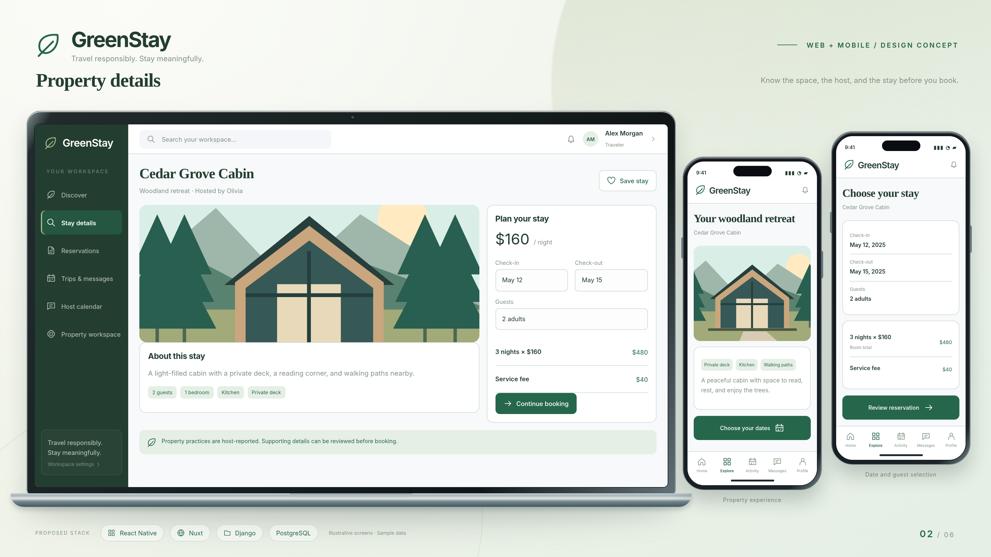 GreenStay production layout: property details on a laptop, with property experience and date and guest selection on two phones.