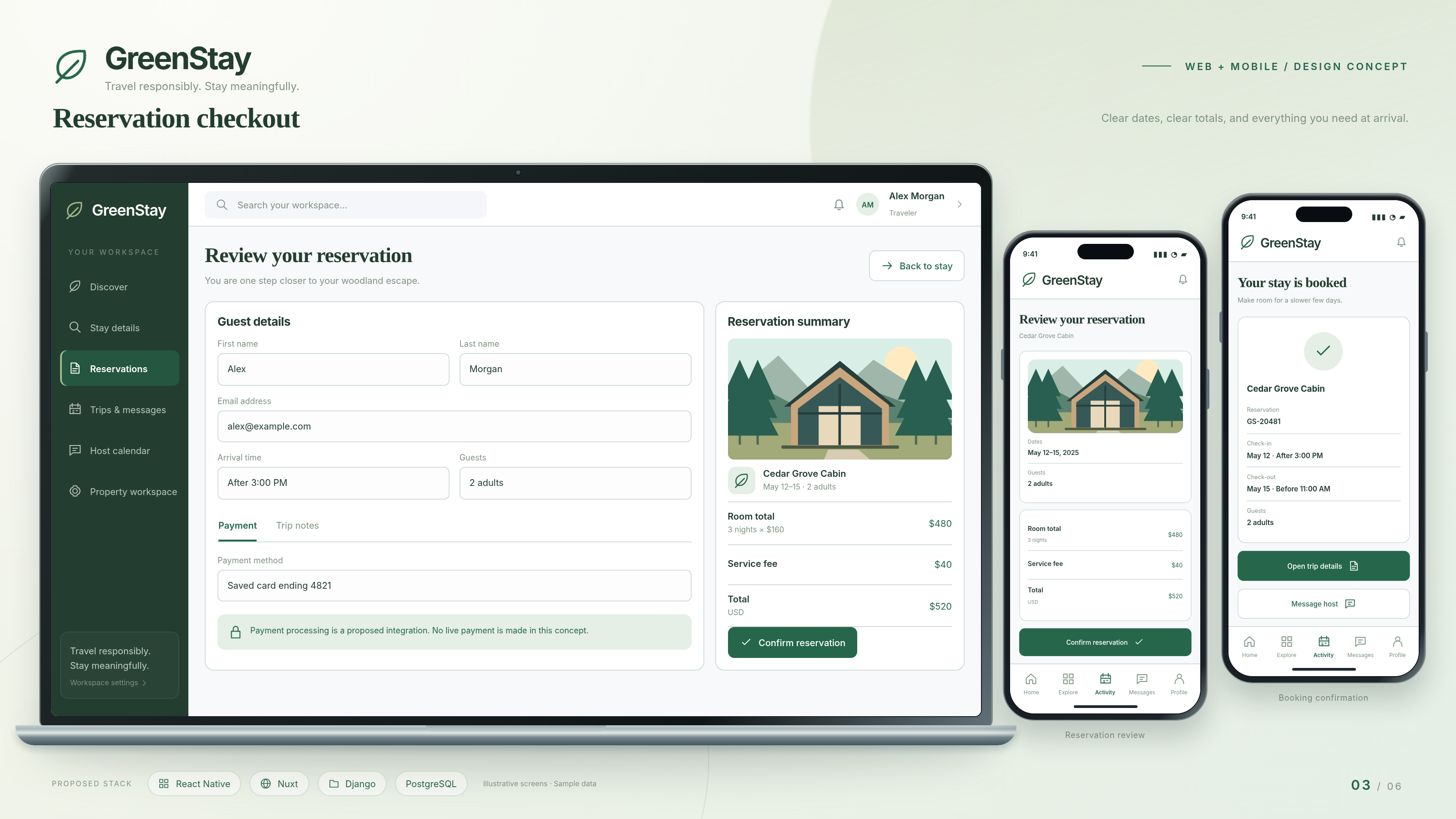 GreenStay production layout: reservation checkout on a laptop, with reservation review and booking confirmation on two phones.