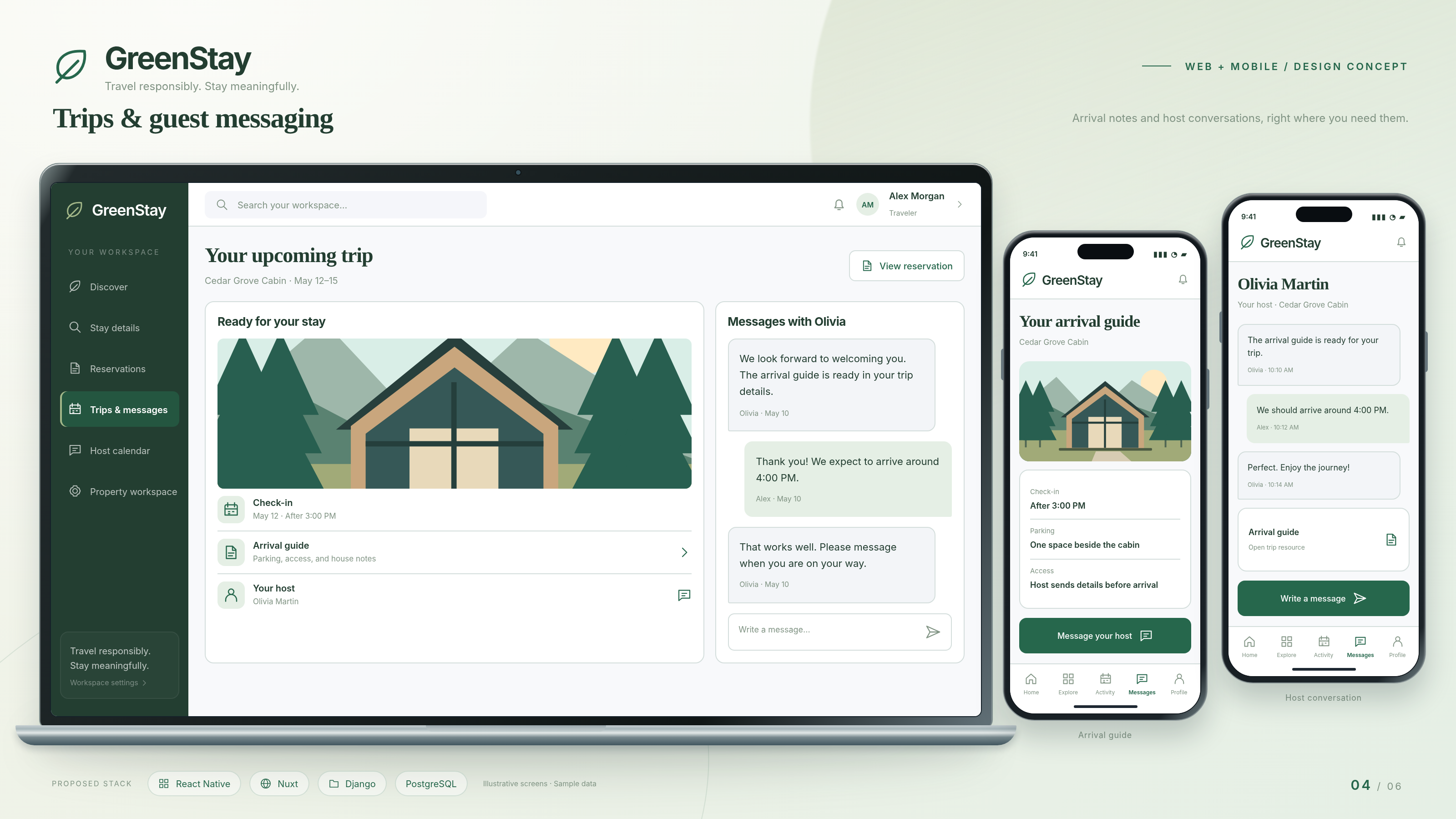 GreenStay production layout: trips & guest messaging on a laptop, with arrival guide and host conversation on two phones.