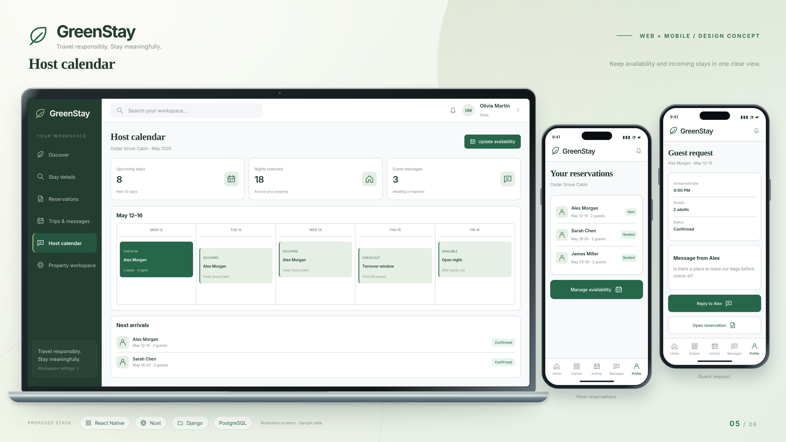 GreenStay production layout: host calendar on a laptop, with host reservations and guest request on two phones.