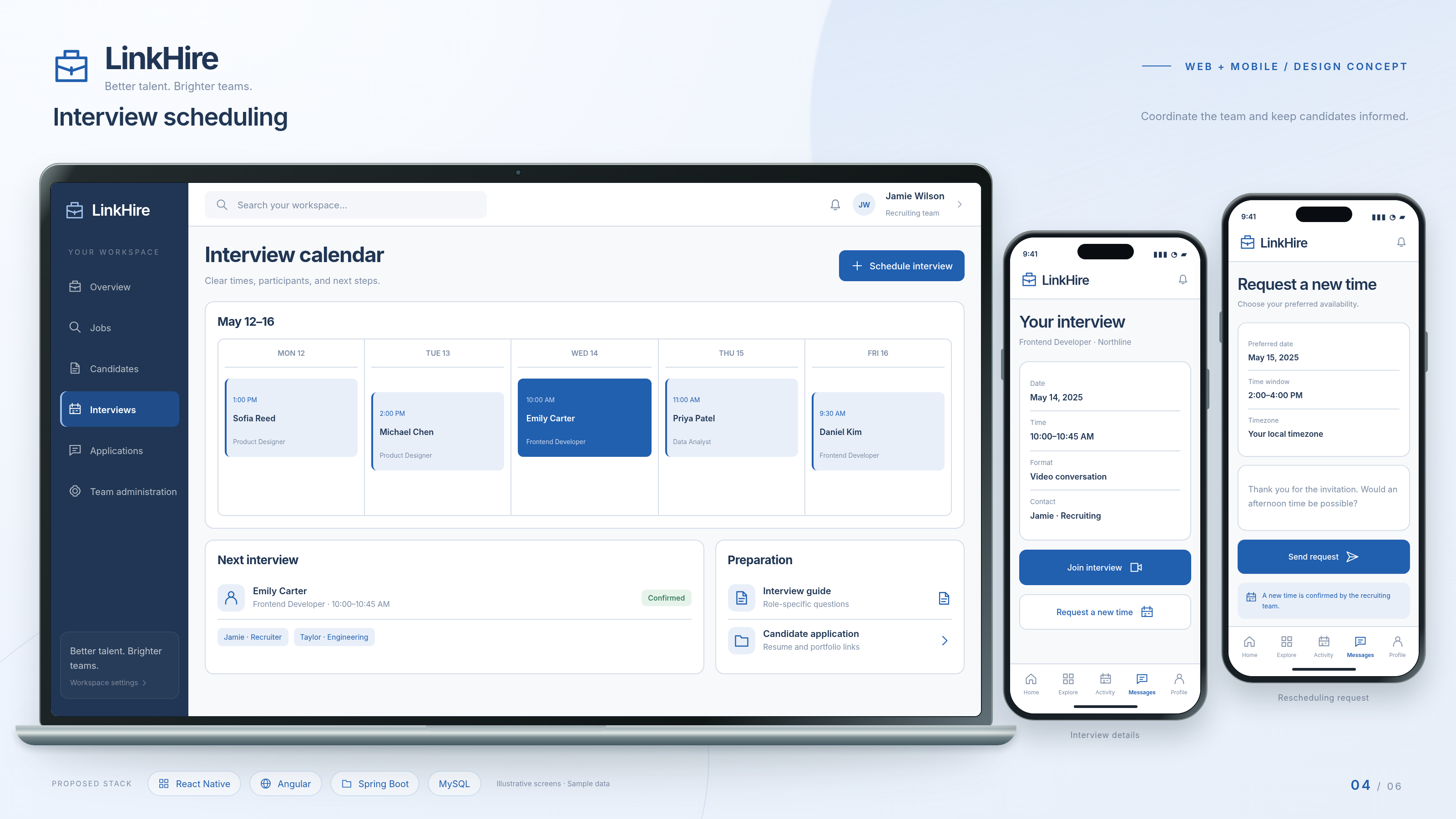 LinkHire production layout: interview scheduling on a laptop, with interview details and rescheduling request on two phones.