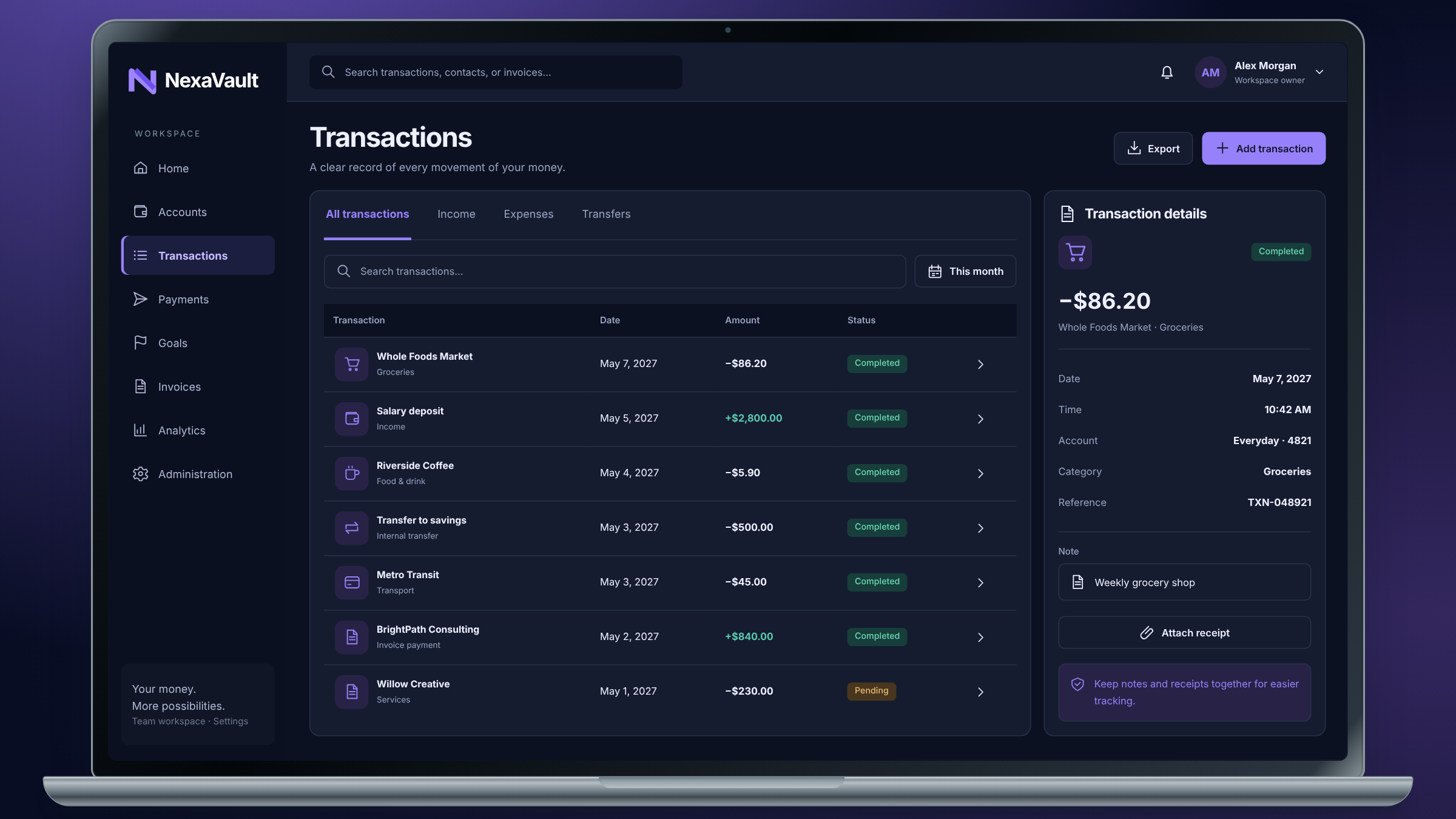 NexaVault client project: transaction history and receipt detail shown on a laptop.