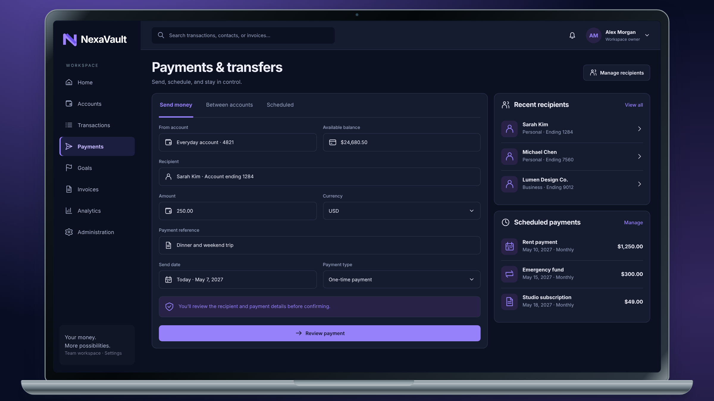 NexaVault client project: payment creation and scheduled transfers shown on a laptop.