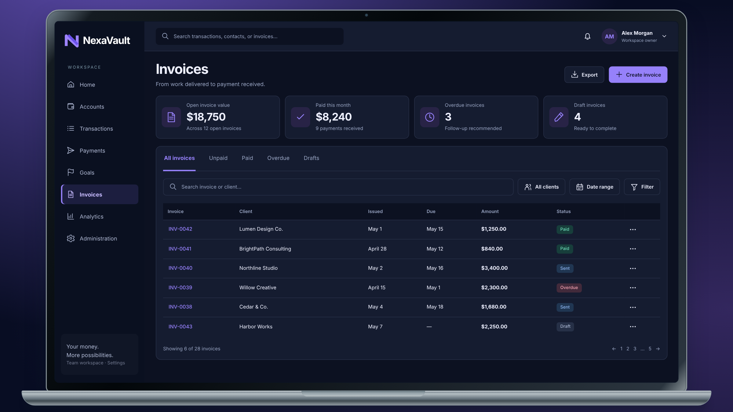 NexaVault client project: invoice management shown on a laptop.