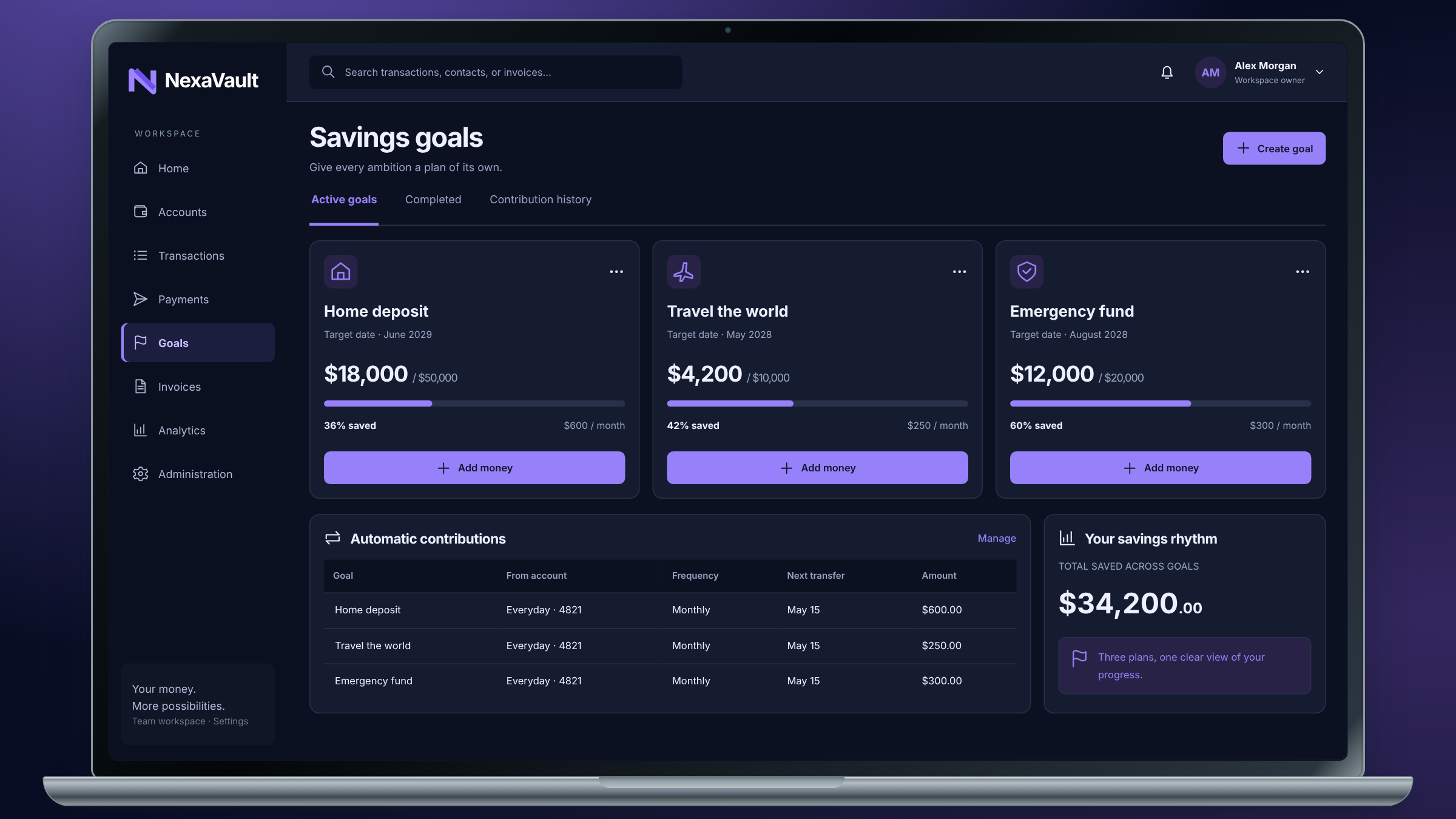 NexaVault client project: savings goals and automatic contributions shown on a laptop.