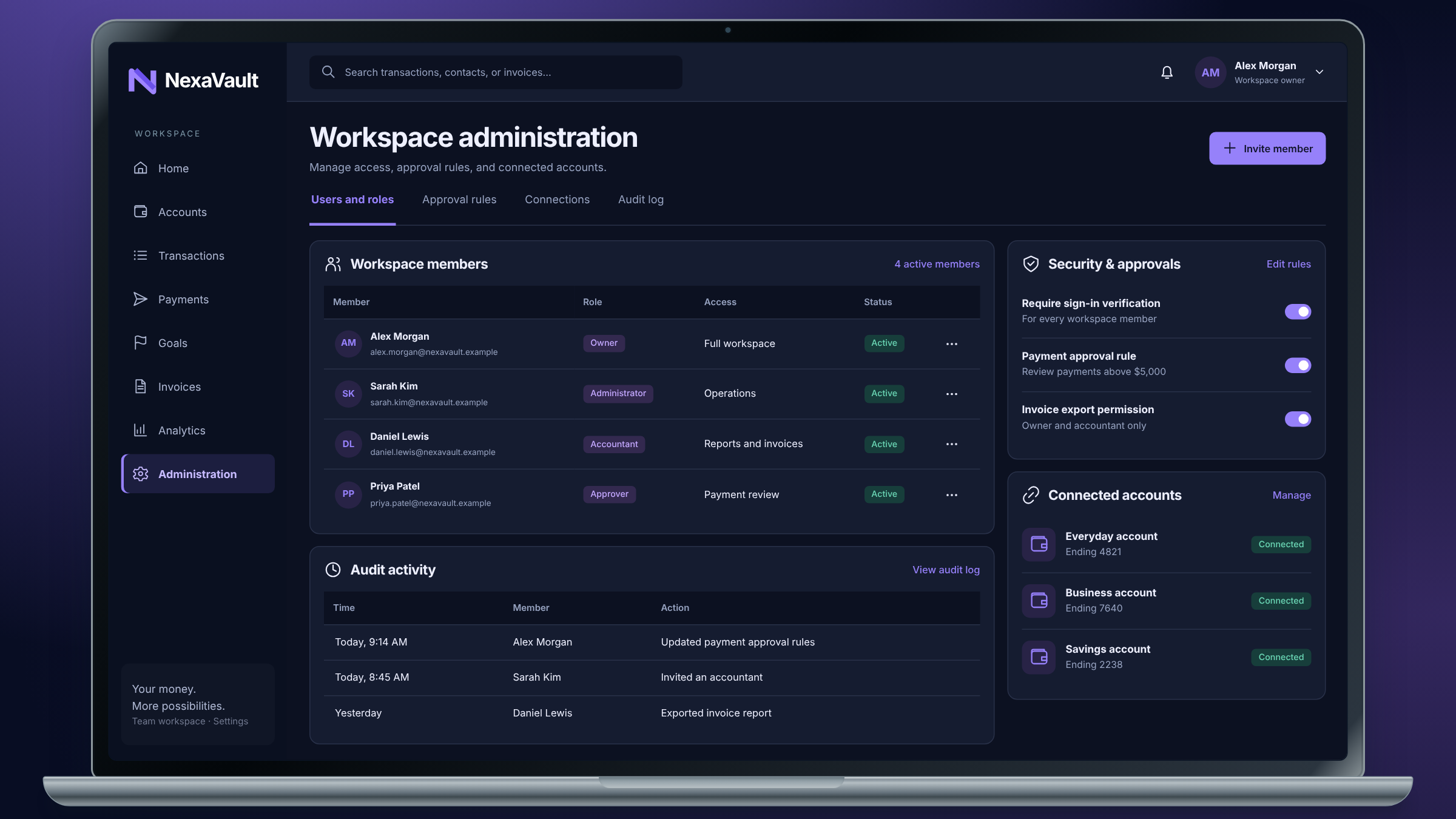 NexaVault client project: workspace access and approval administration shown on a laptop.