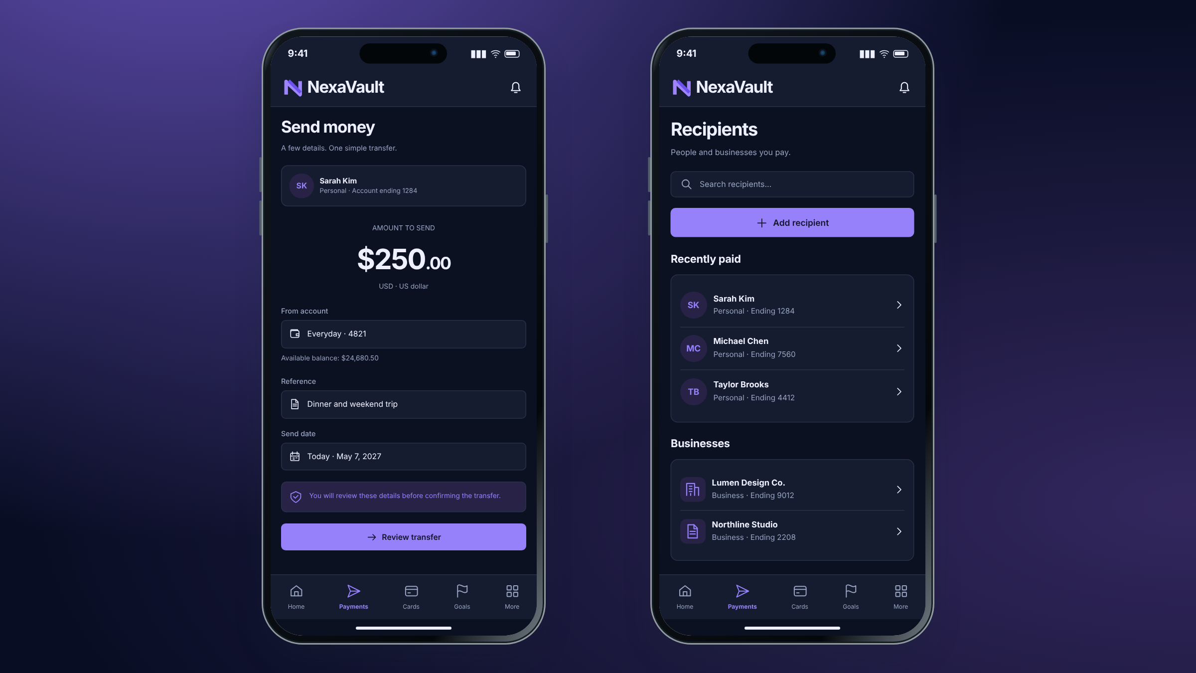 NexaVault client project: money transfer and recipient management shown on two mobile phones.