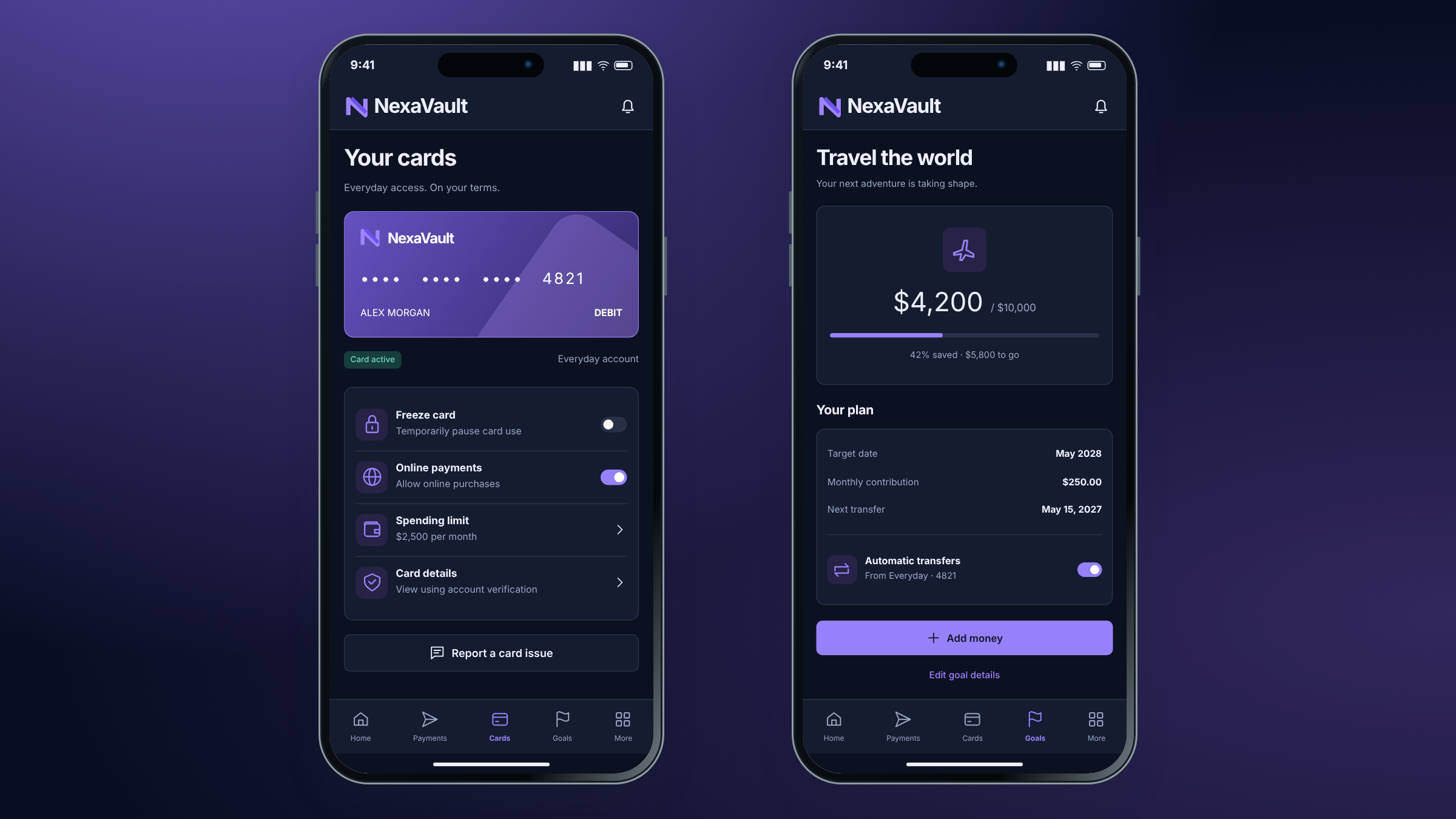 NexaVault client project: card controls and savings-goal detail shown on two mobile phones.