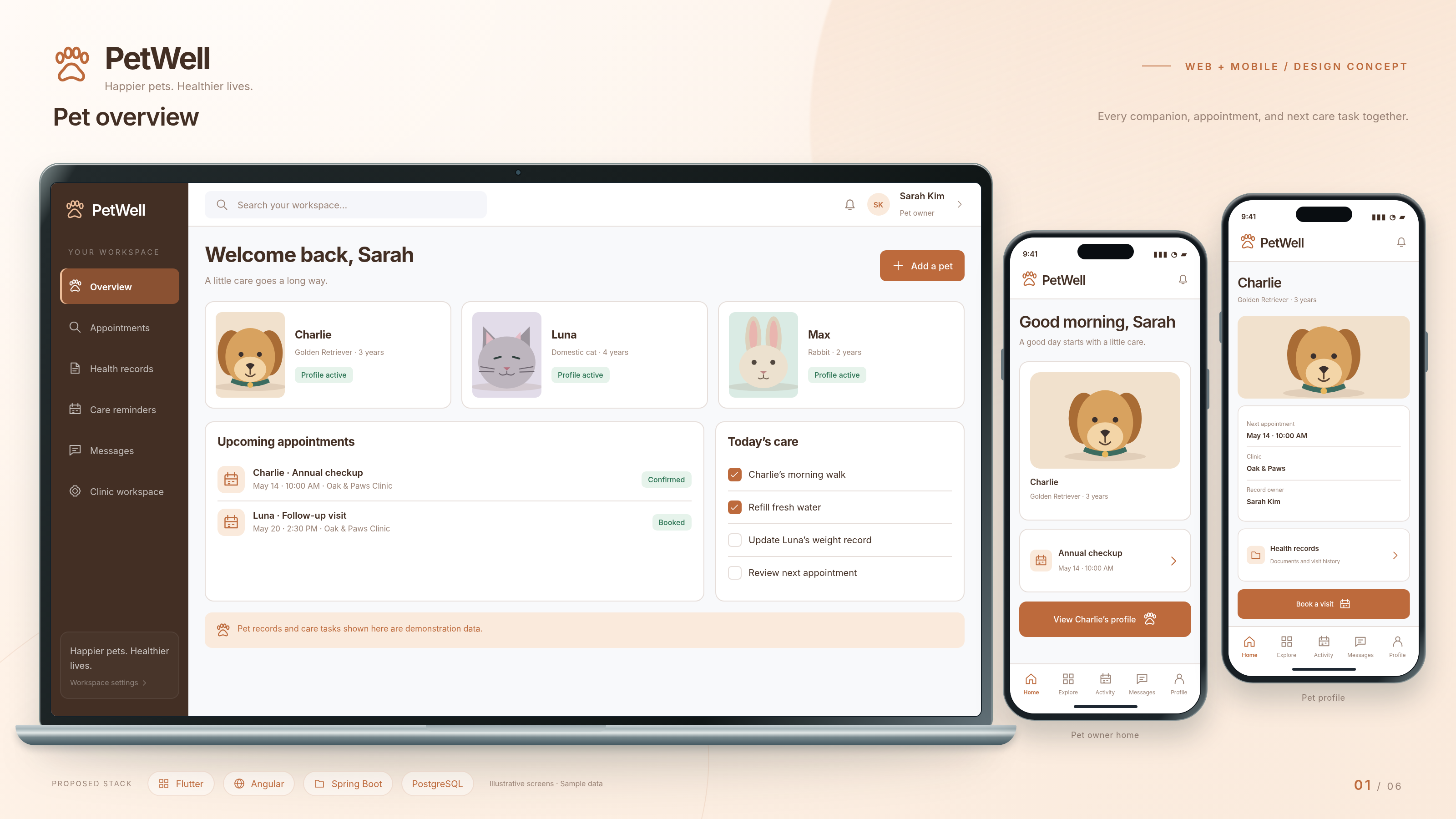 PetWell production layout: pet overview on a laptop, with companion information and care tasks on two phones.