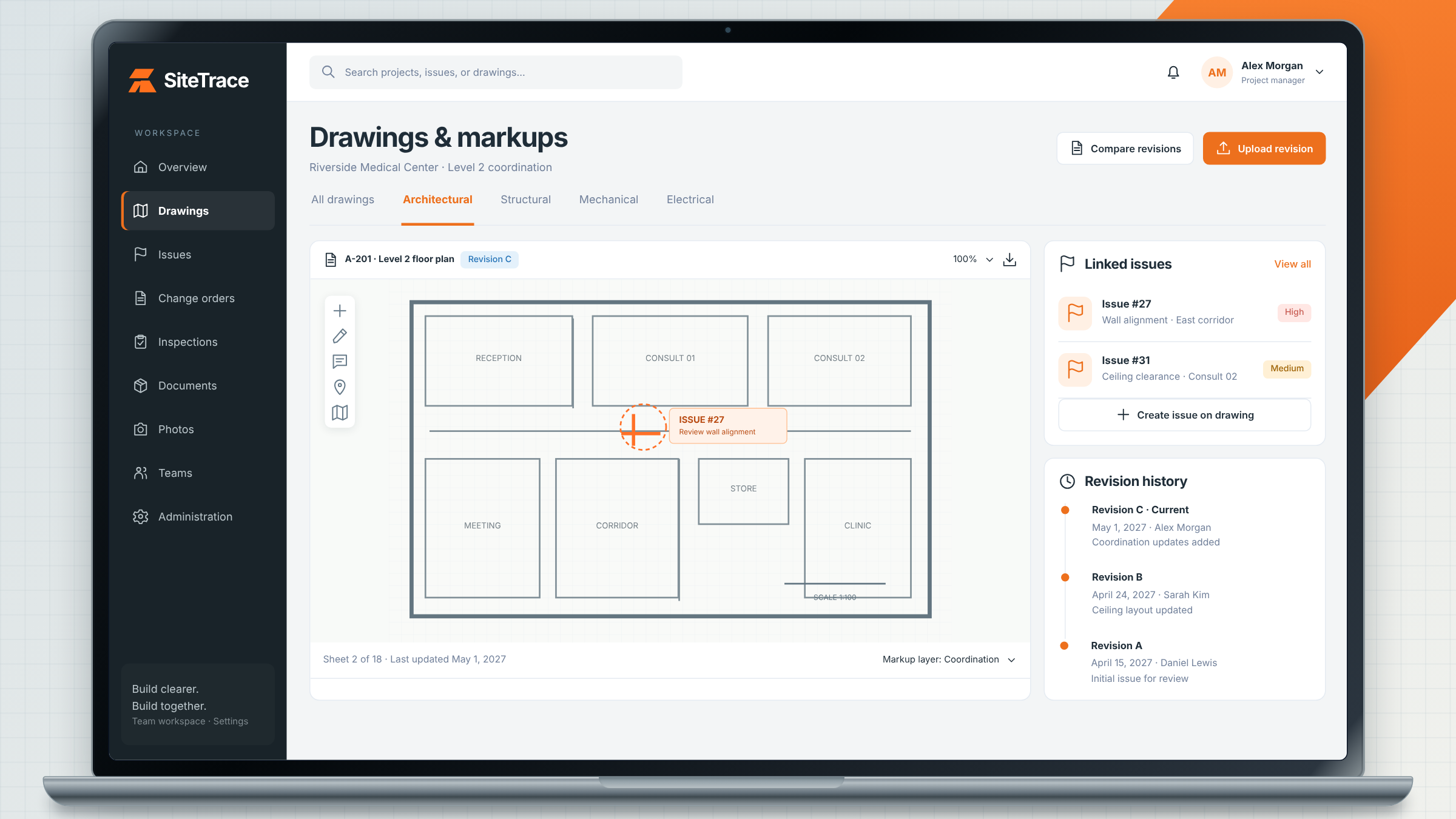 SiteTrace client project: drawing viewer and issue markup shown on a laptop.