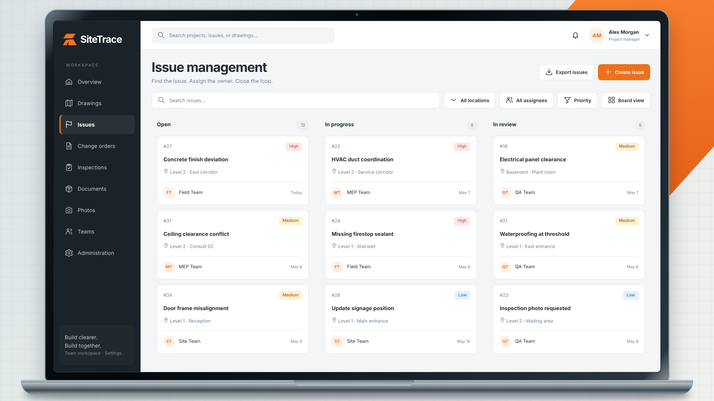 SiteTrace client project: issue management board shown on a laptop.