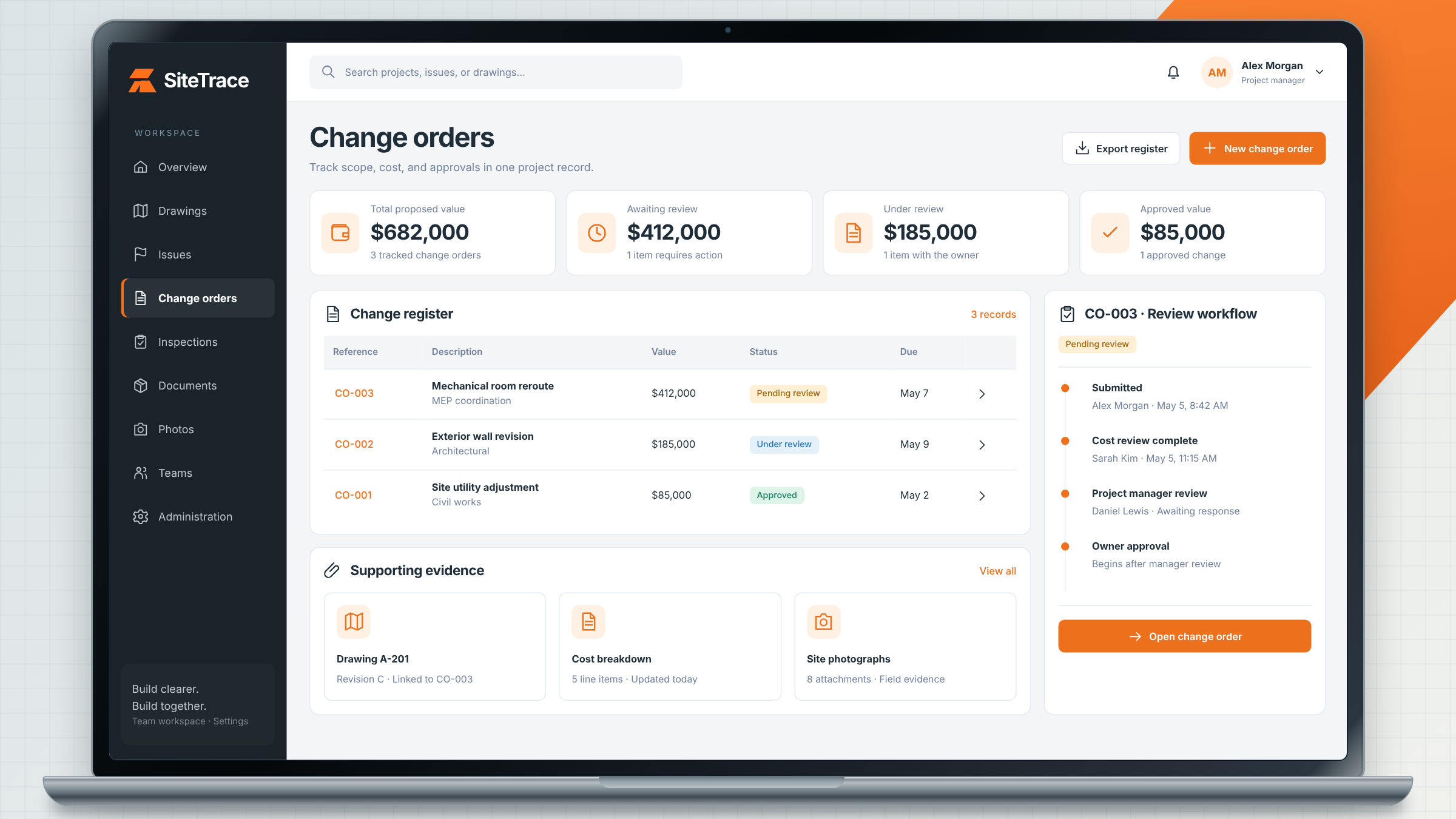 SiteTrace client project: change-order register and approval workflow shown on a laptop.