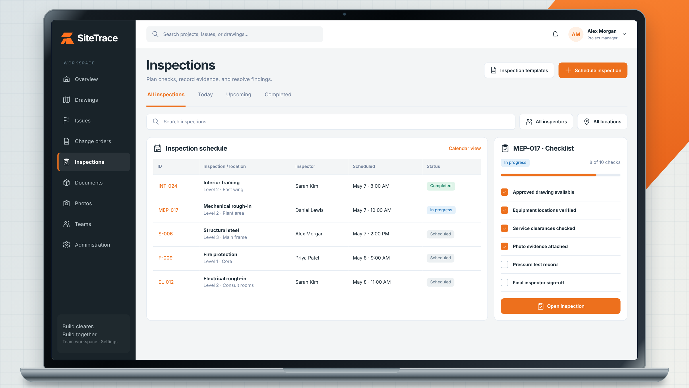 SiteTrace client project: inspection scheduling and checklist review shown on a laptop.