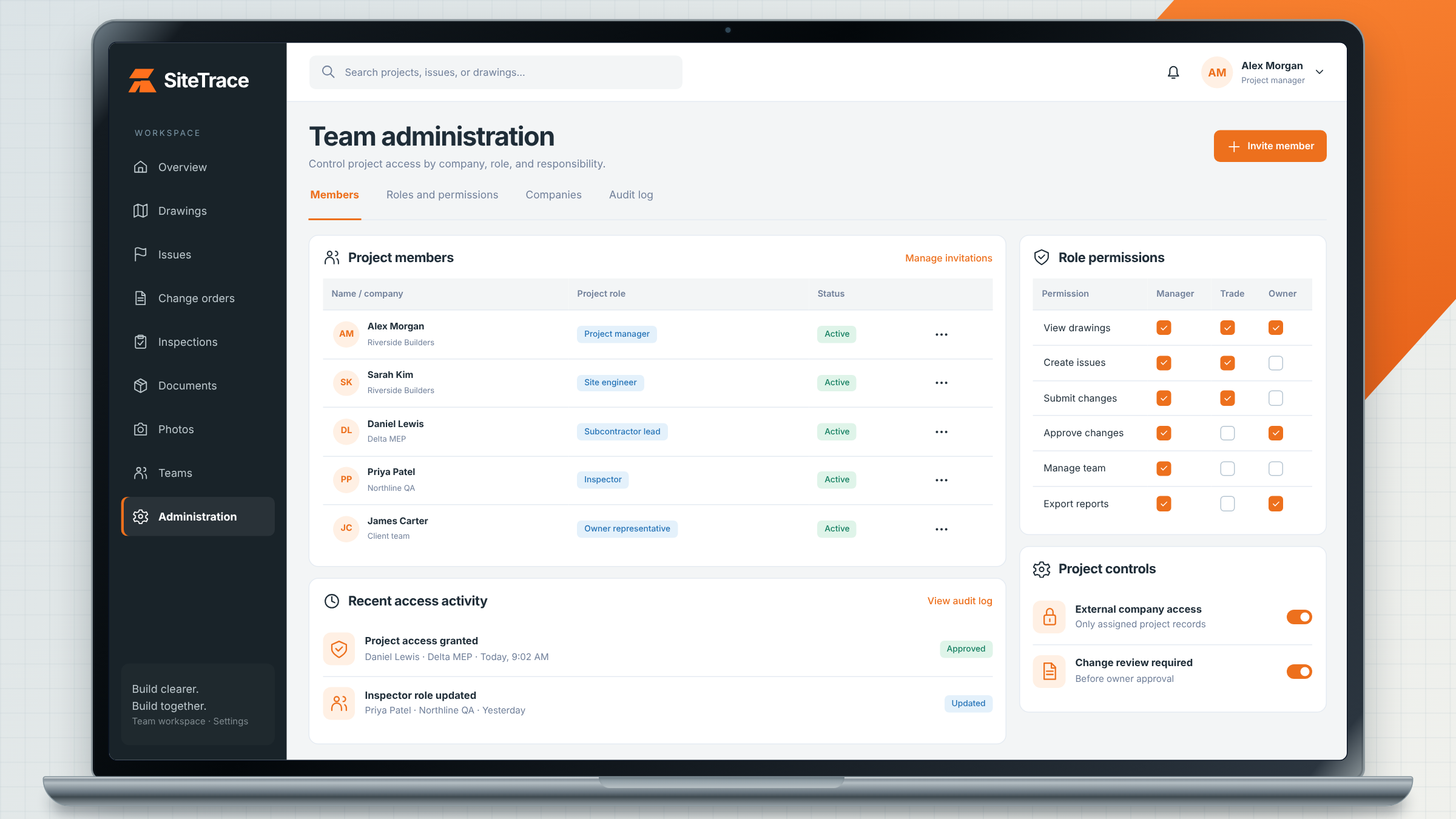 SiteTrace client project: team roles and project permissions shown on a laptop.