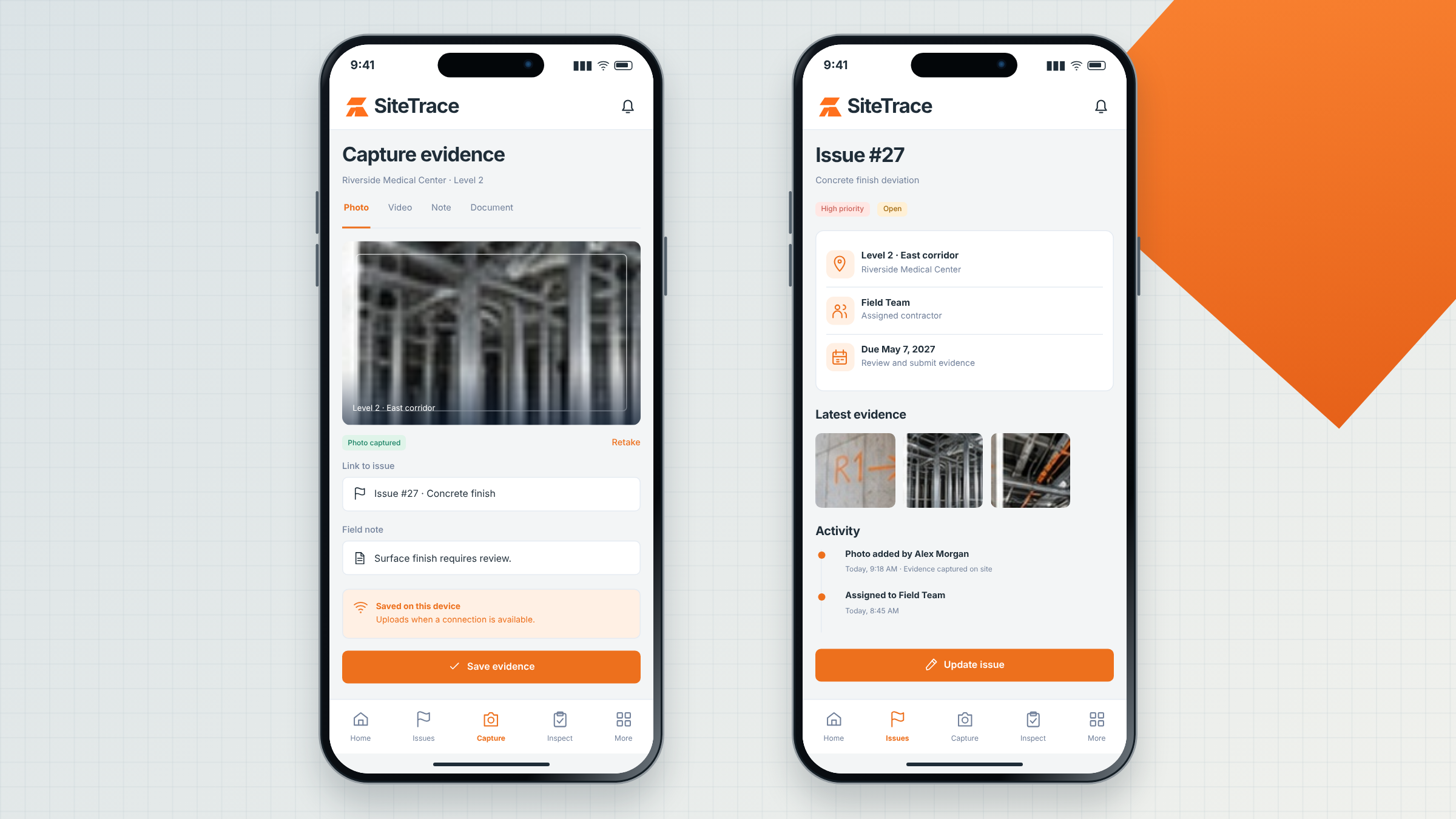 SiteTrace client project: field evidence capture and issue detail shown on two mobile phones.