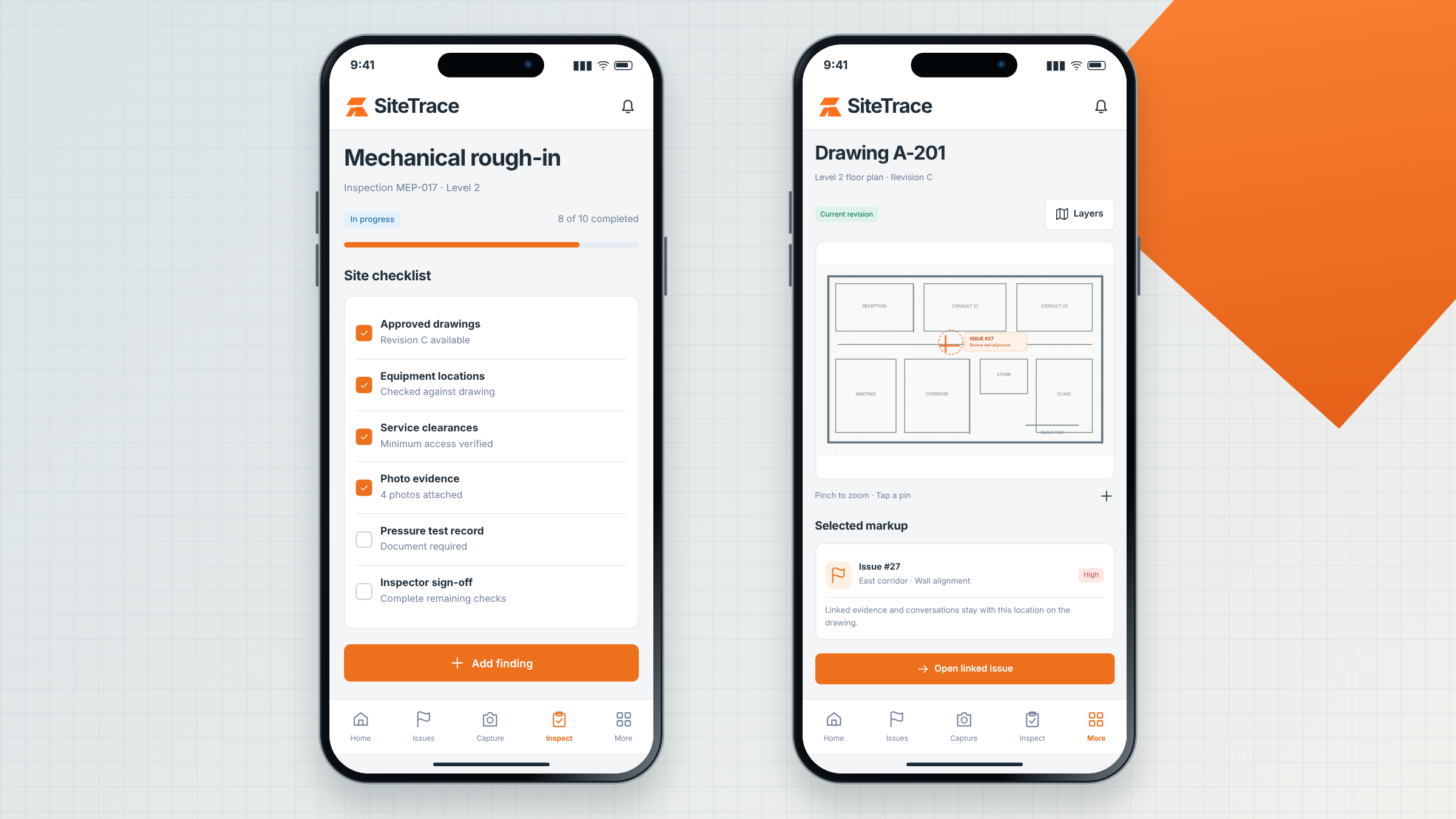 SiteTrace client project: mobile inspection checklist and marked-up drawing shown on two mobile phones.