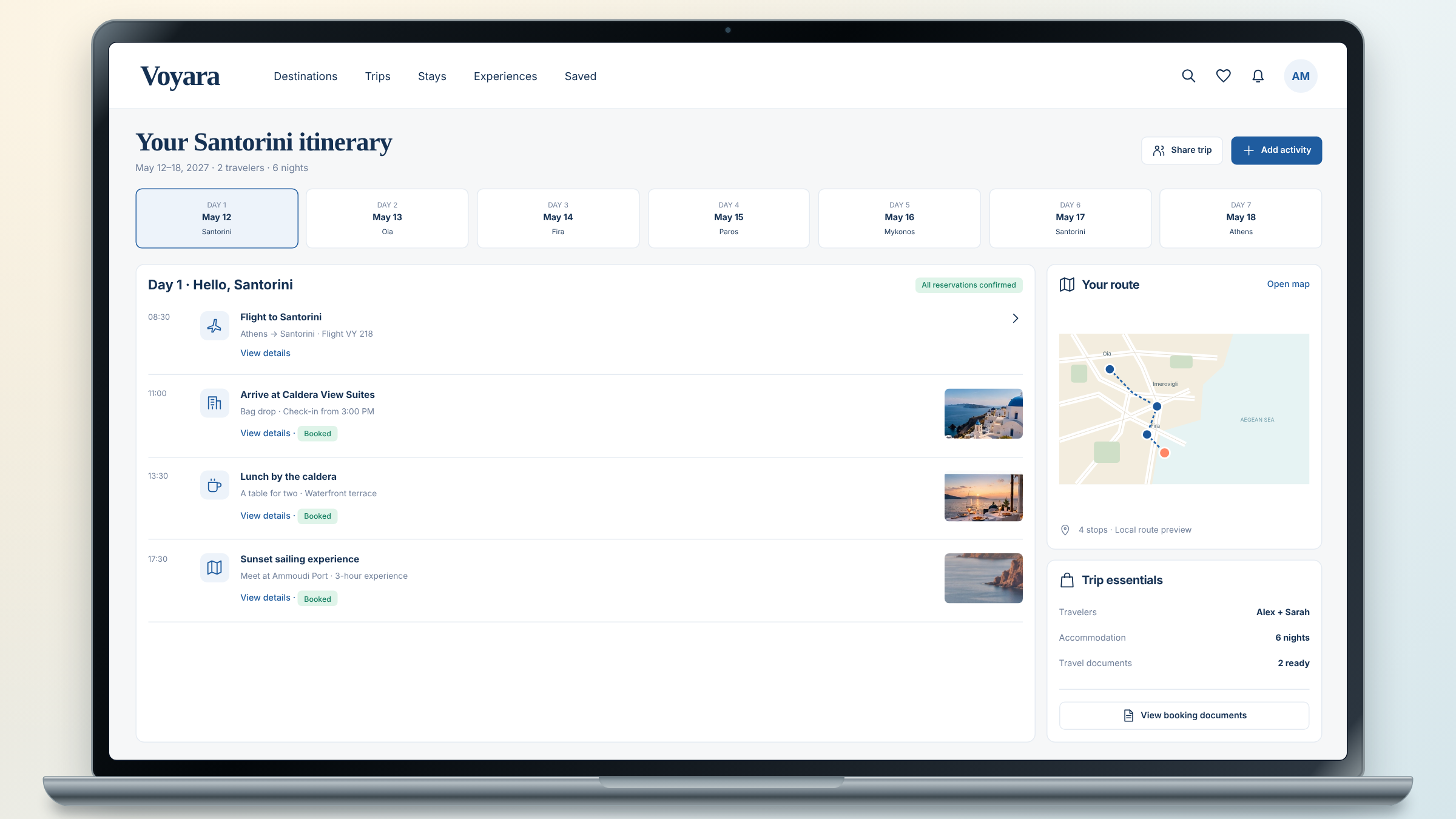 Voyara client project: trip itinerary planner shown on a laptop.