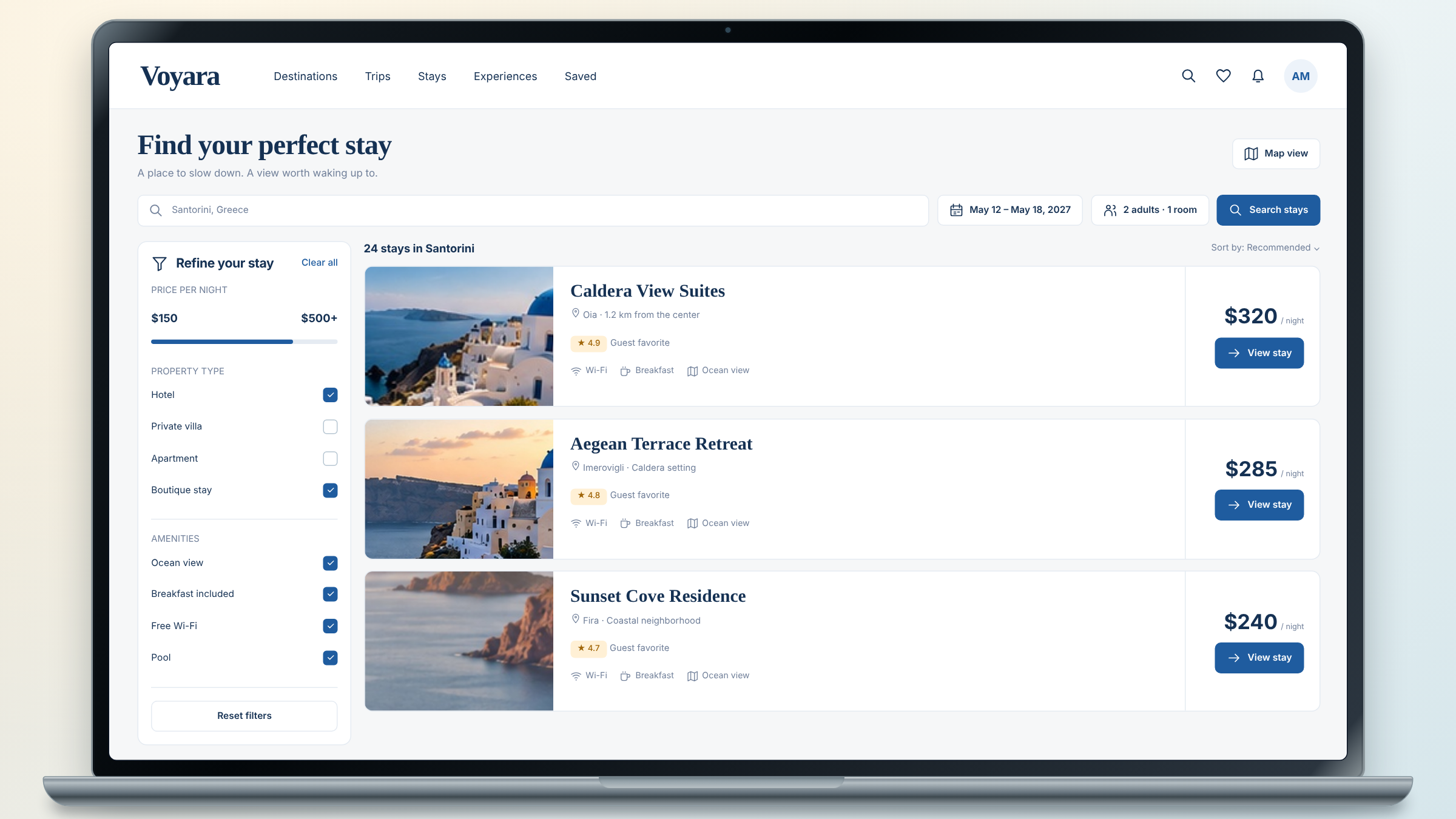Voyara client project: stay search and filters shown on a laptop.