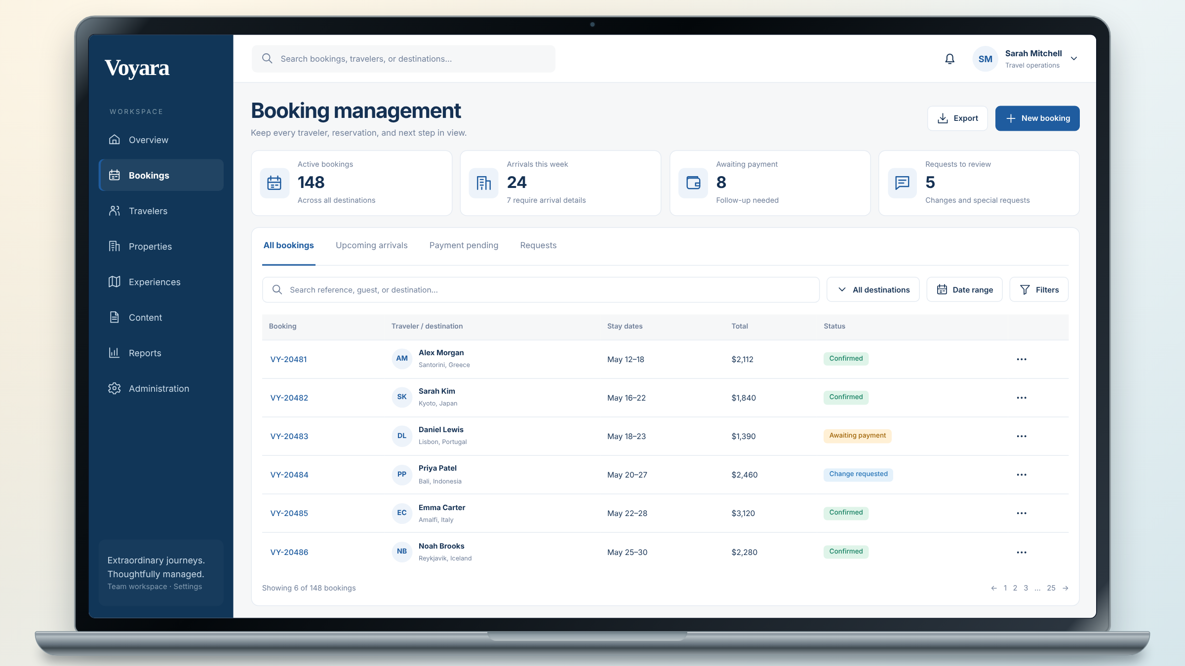 Voyara client project: booking management shown on a laptop.