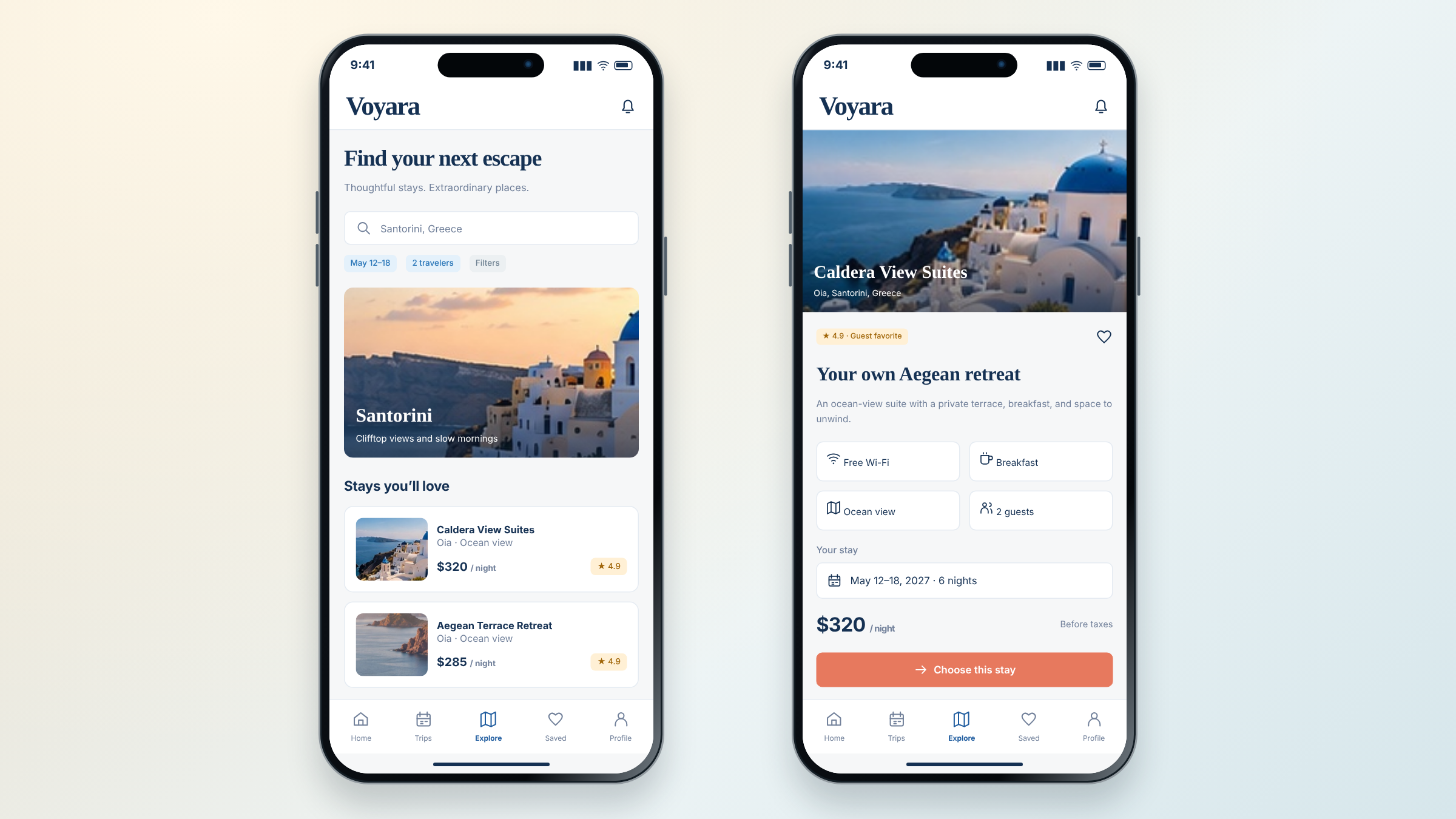 Voyara client project: explore stays and property details shown on two mobile phones.