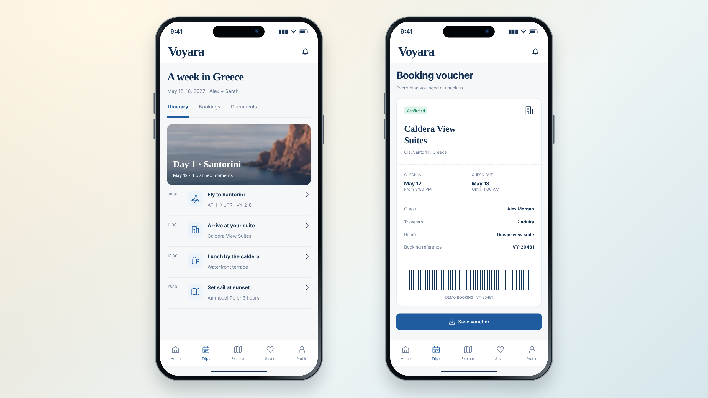 Voyara client project: travel itinerary and booking voucher shown on two mobile phones.